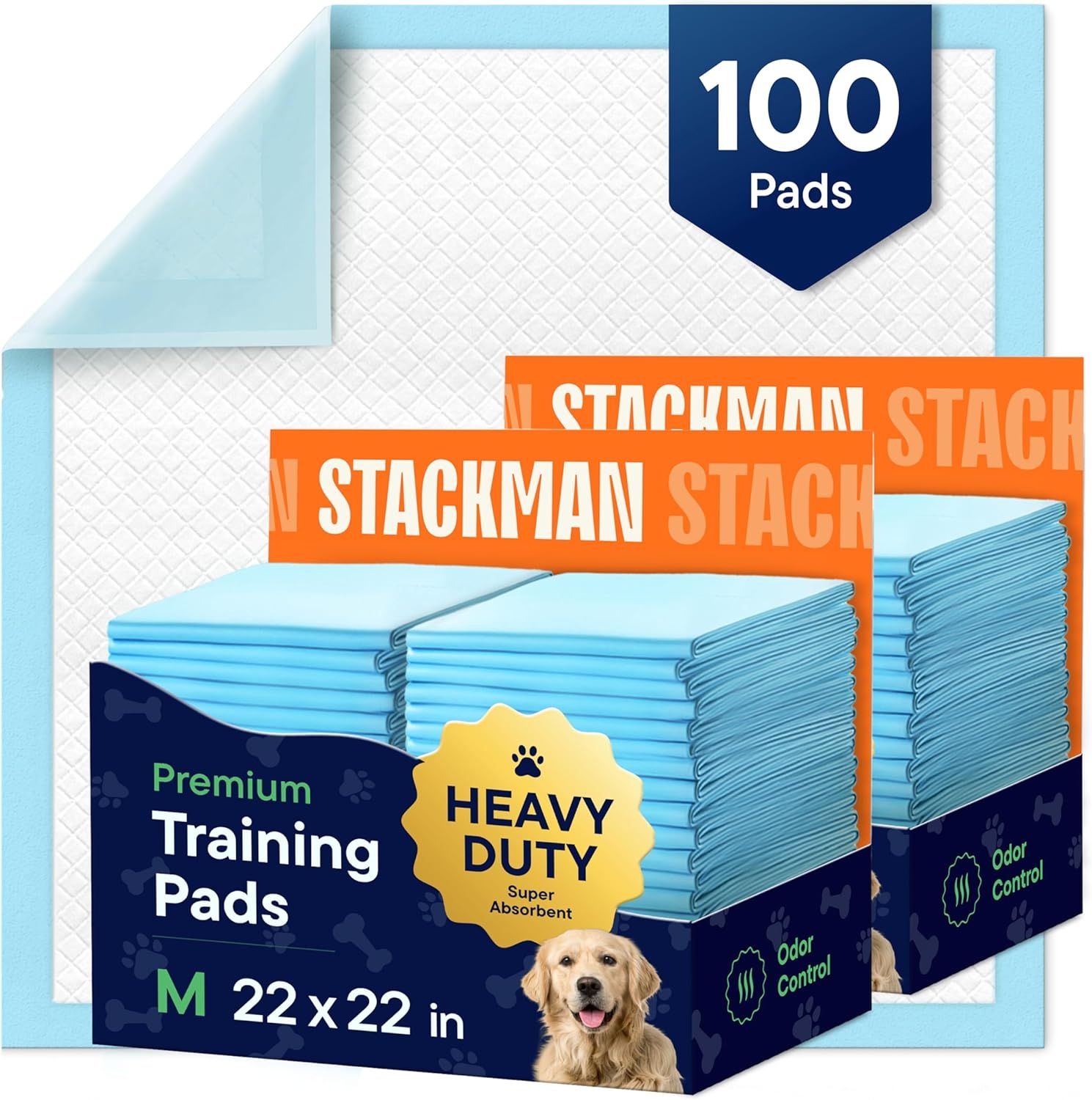 Shows the core product—premium training pads for dogs—with clear quantity, size, and key features to help shoppers understand what they are purchasing. Uses graphic overlays and branding elements to…