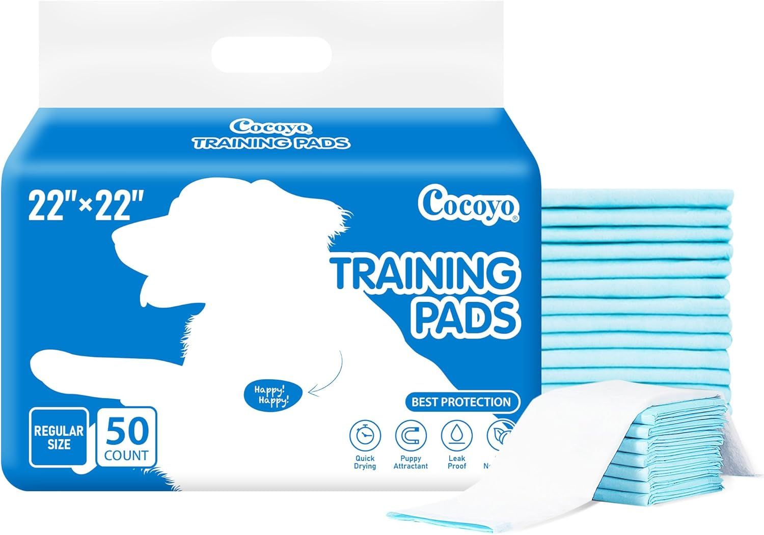 Shows the core product packaging and the training pads themselves to communicate what the buyer will receive. Displays the retail packaging with key product details like size, count, and features to…