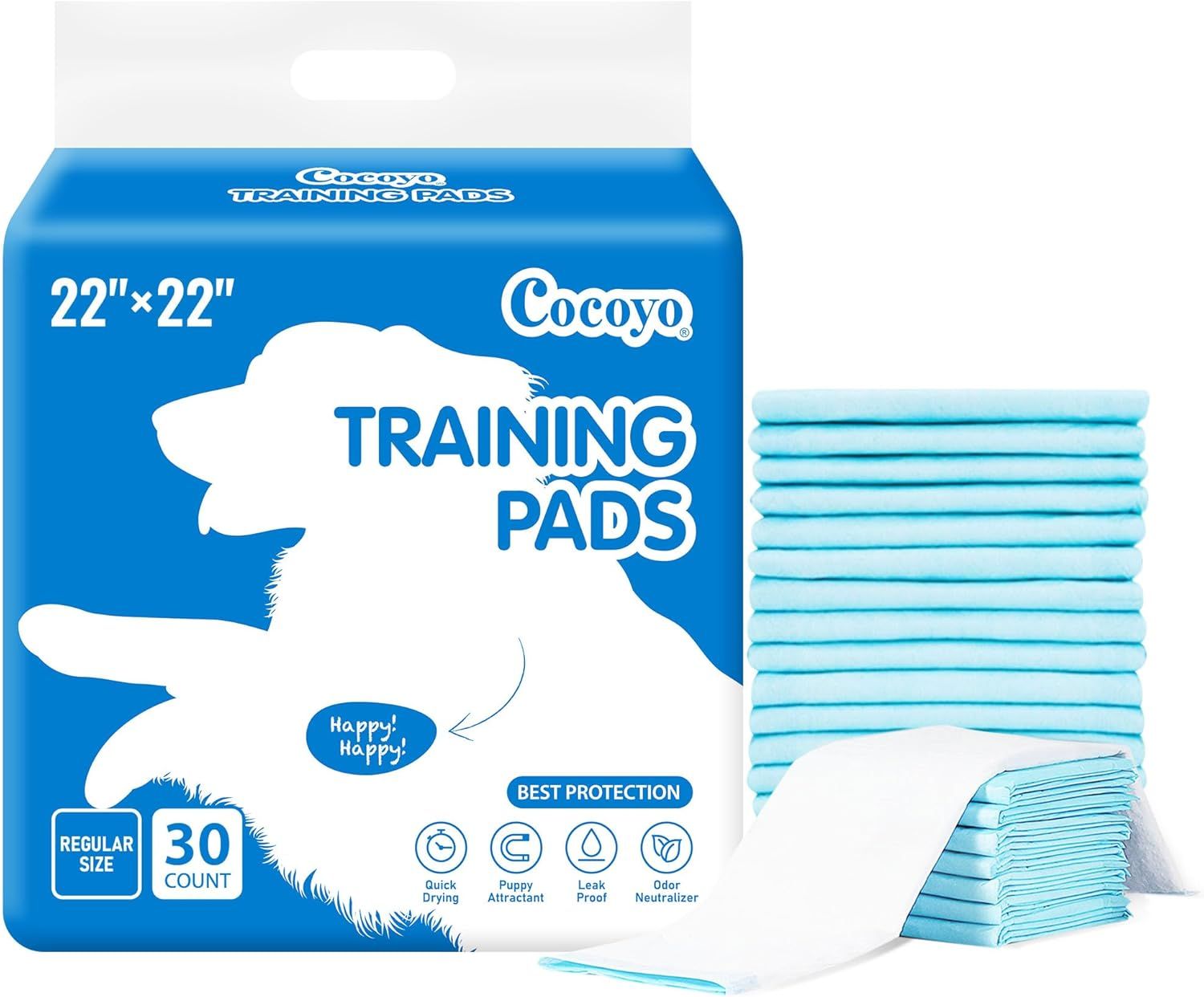 Shows the core product (training pads) alongside its retail packaging to communicate what the buyer will receive, including the 30-count quantity and 22x22 inch size. Displays the retail packaging…