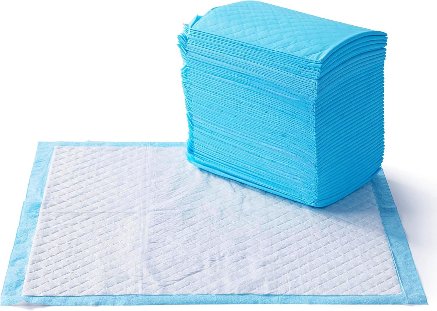 Shows the core product as a large stack of disposable absorbent pads to communicate quantity value and demonstrate the quilted texture and construction of the pads.