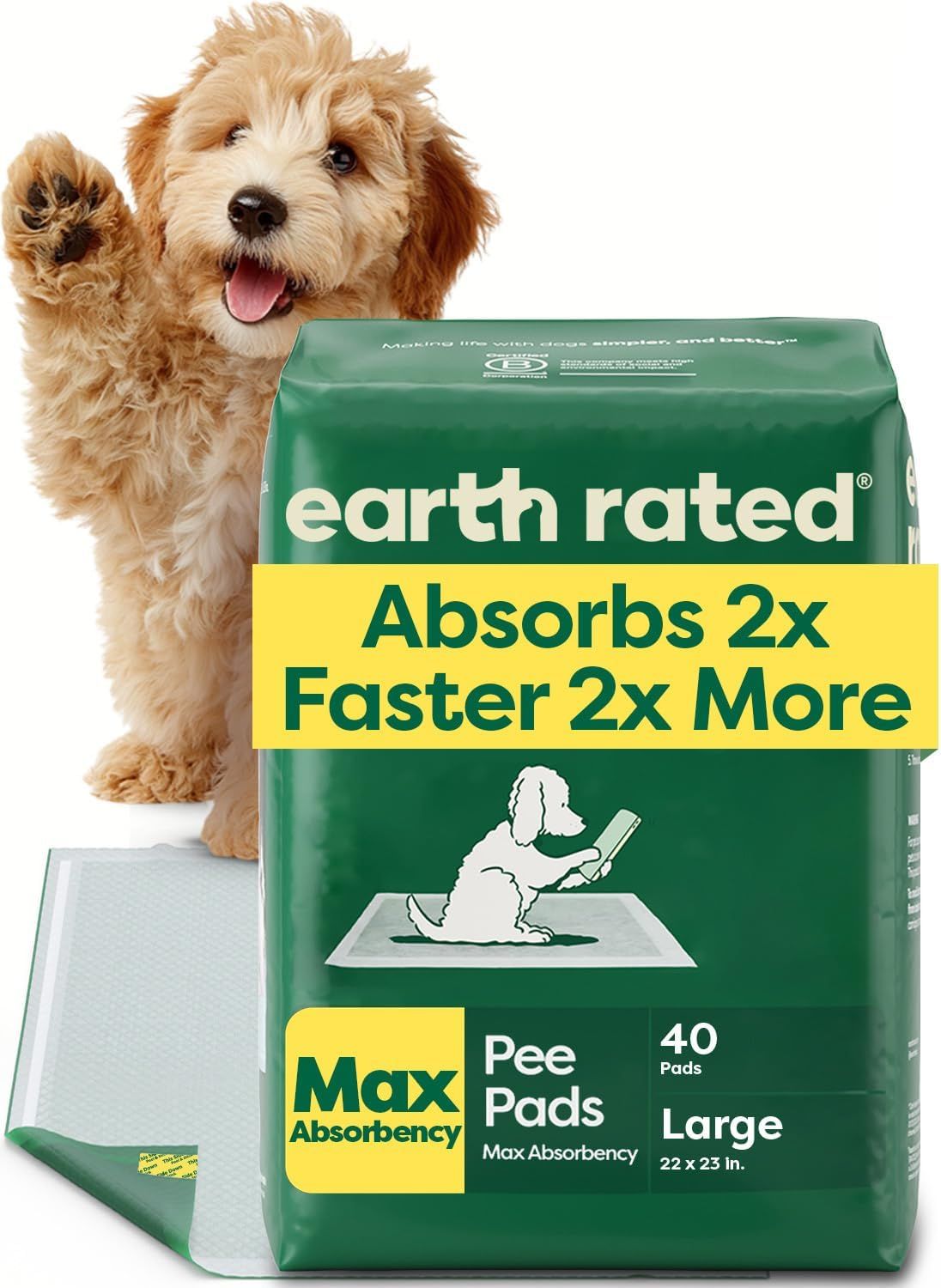 Shows the core product (pee pads) in its retail packaging with a model dog to communicate the product's superior absorbency feature and intended use for pet training. Features a dog model to…