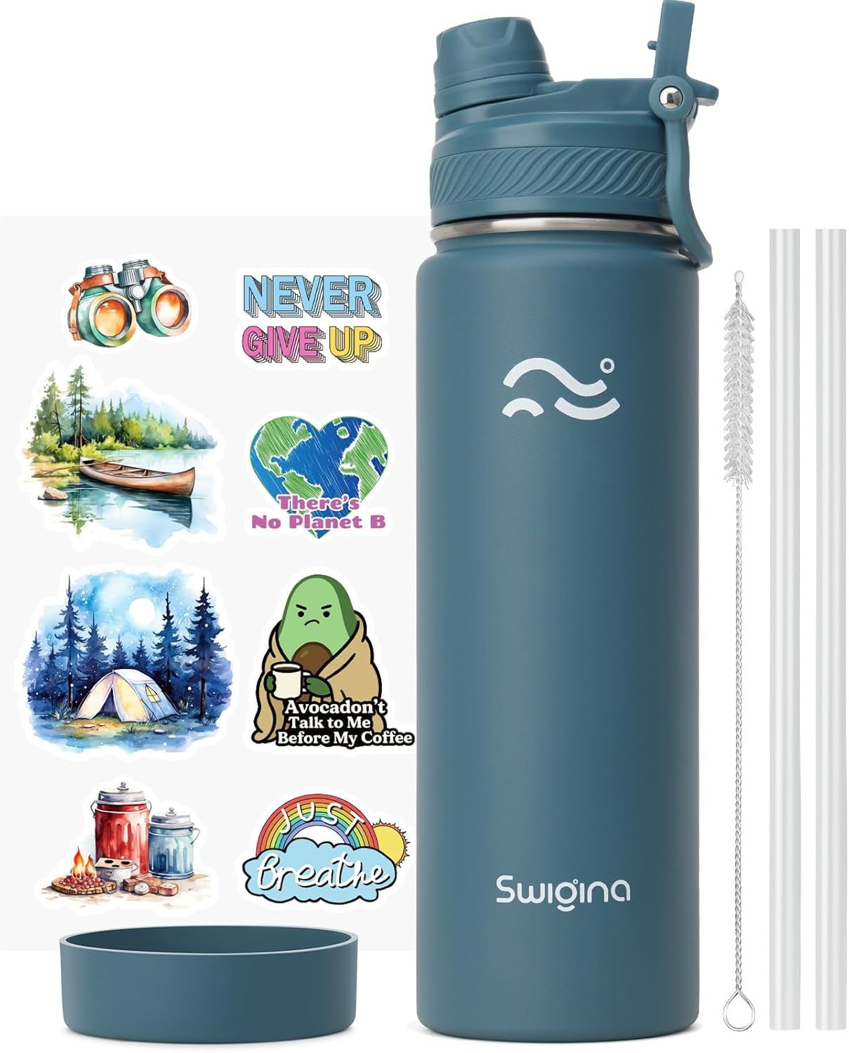 Displays the core product, a branded insulated water bottle with straw lid, along with included accessories like a cleaning brush, straws, and decorative stickers to show what the buyer receives.…