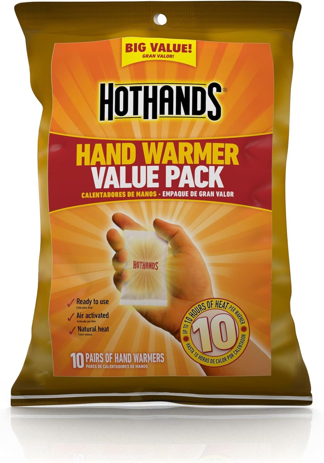 Shows the retail packaging to communicate the product is a value pack containing 10 pairs of hand warmers, reassuring shoppers about quantity and helping them identify the product on shelf or upon…