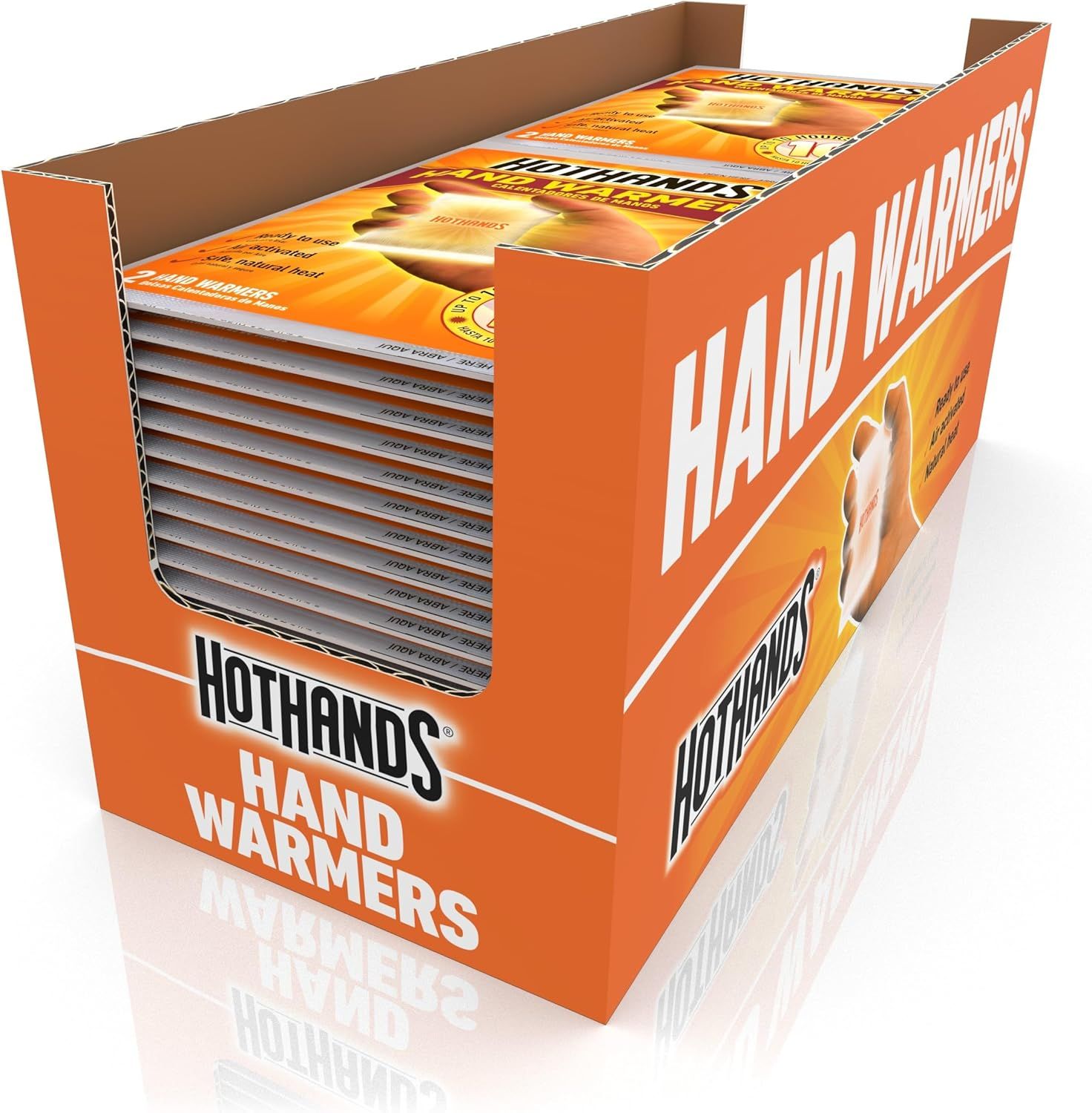 Shows the core sellable product, a display box containing multiple hand warmer packets, clearly presenting what the buyer will receive. Displays the retail packaging prominently, showing both the…