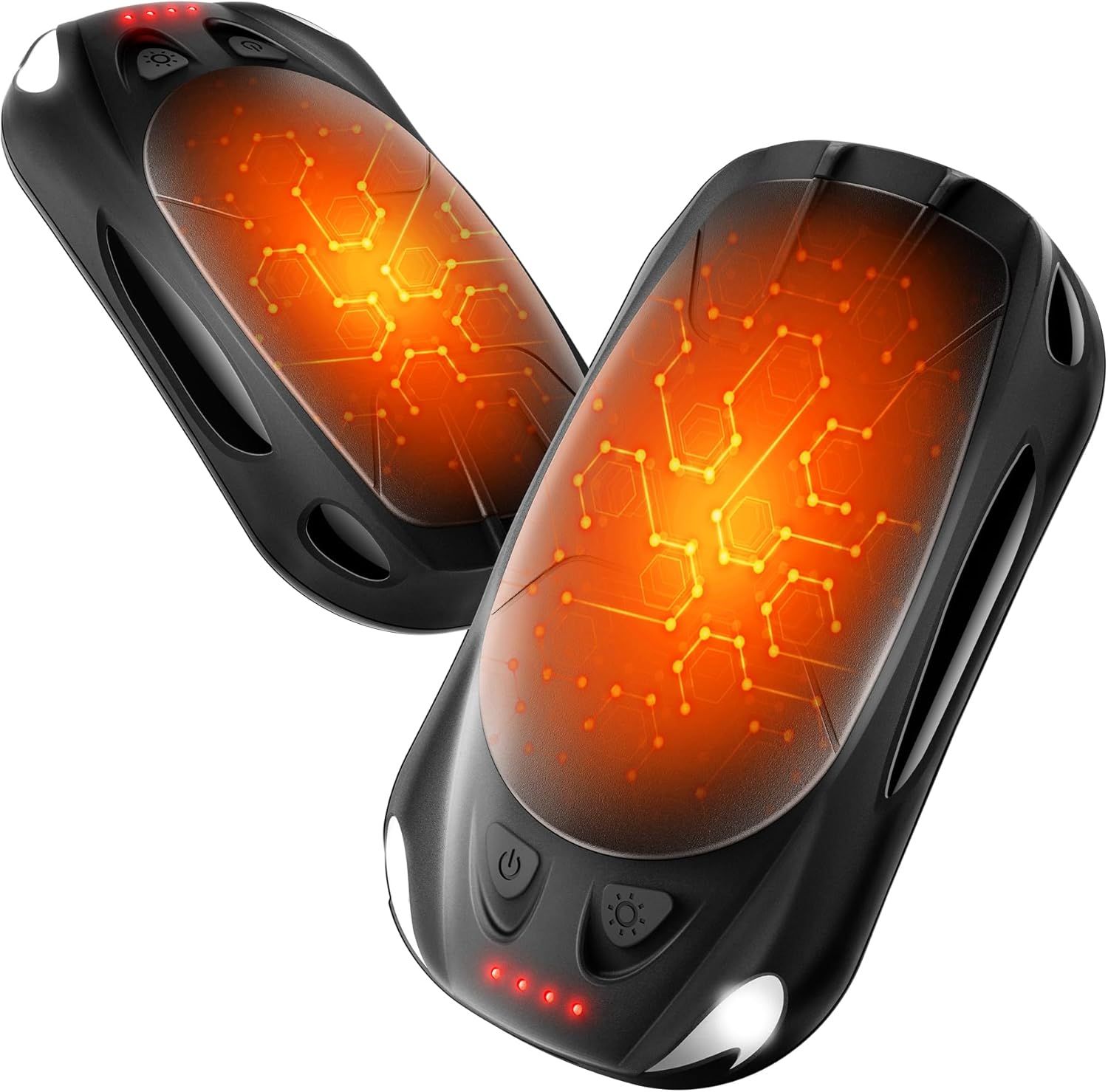 Displays the core product clearly showing its ergonomic design and heating functionality to help shoppers understand what they are purchasing. Uses glowing orange hexagonal graphics overlaid on the…