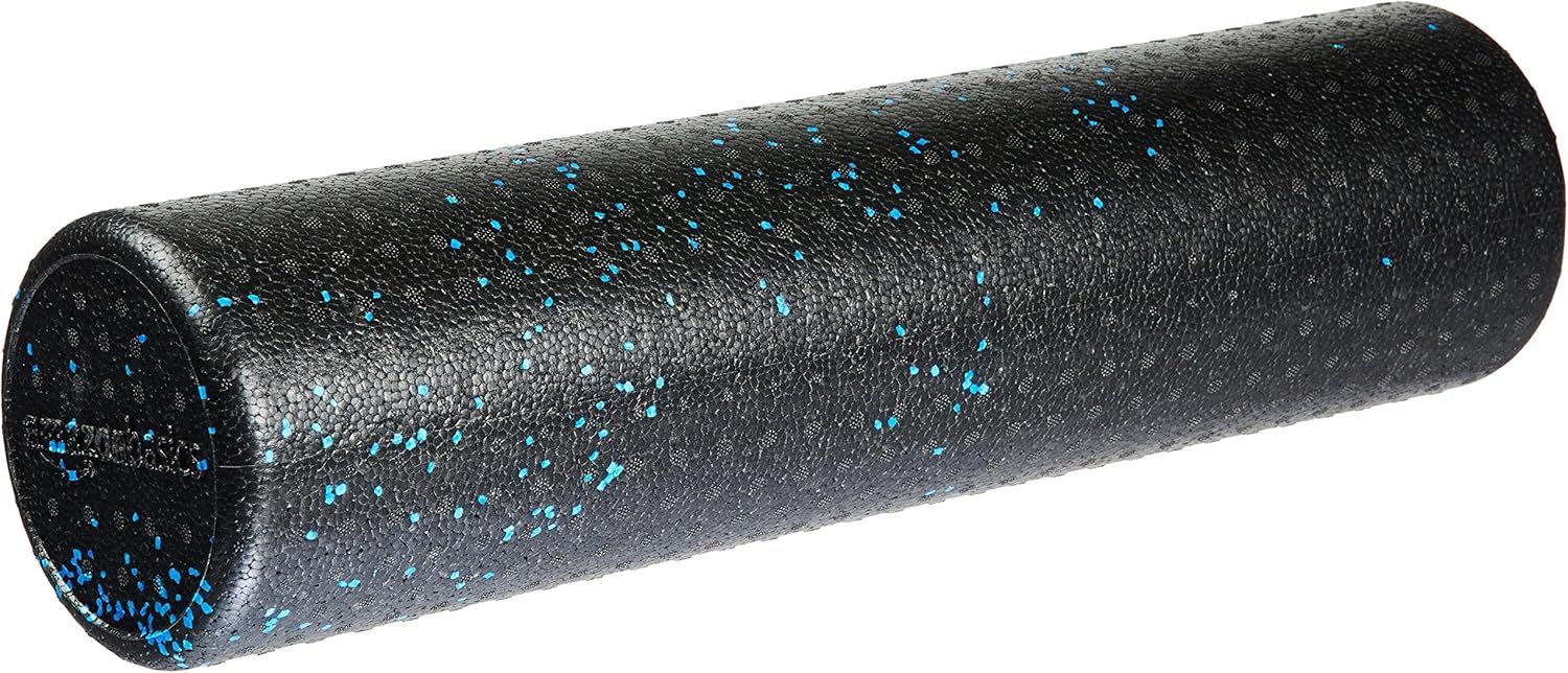 Shows the core foam roller product with its textured surface and blue accent speckles to communicate the product design and appearance.