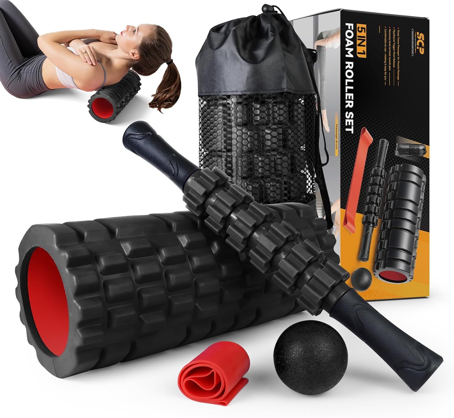 Shows the complete foam roller set with all included components to communicate the comprehensive recovery toolkit the shopper will receive. Displays all the included accessories and bonus items that…