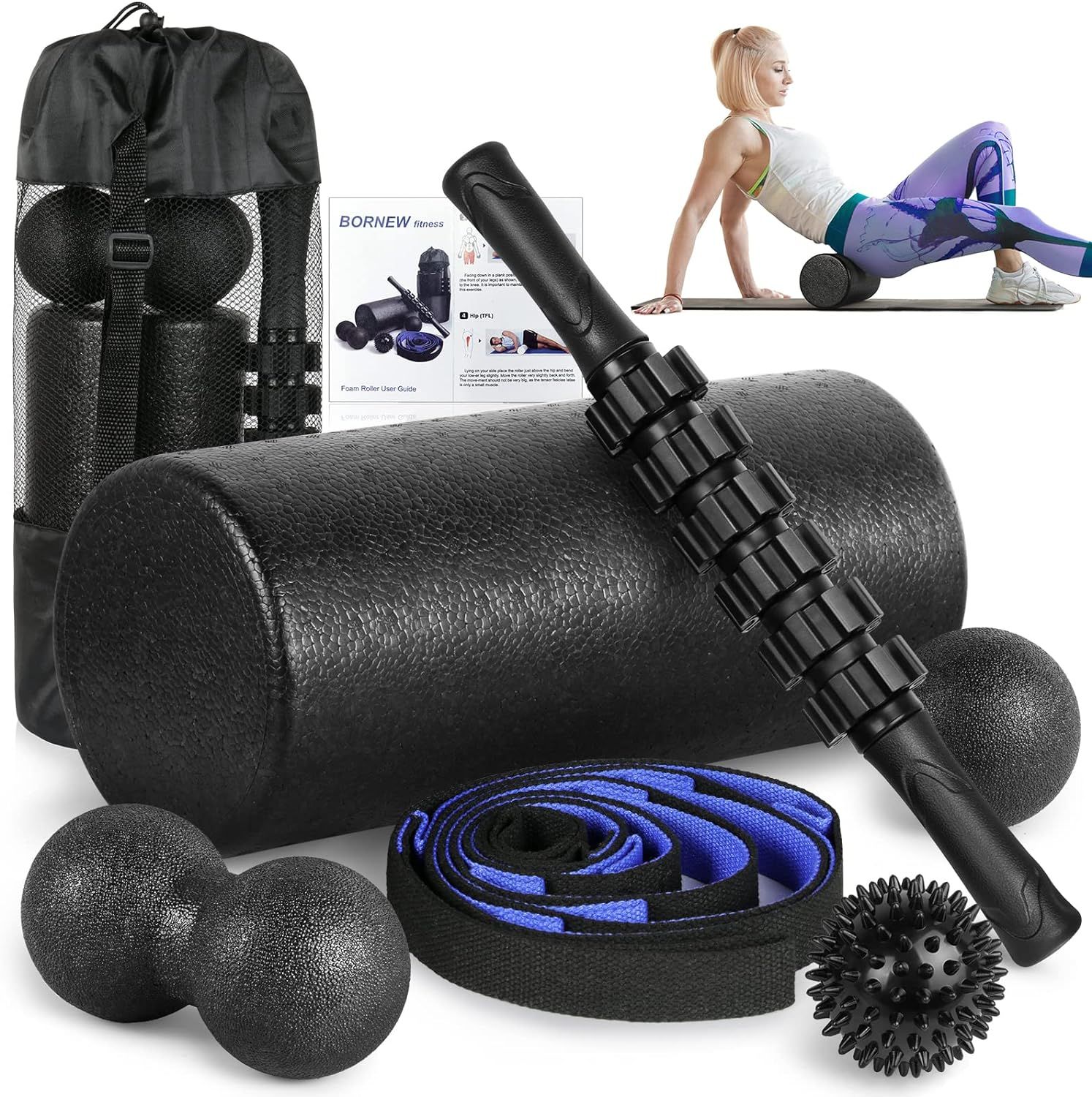 Displays the complete foam roller and massage tool set to show shoppers all the items included in the purchase, emphasizing the comprehensive nature of the fitness recovery kit. Highlights all the…