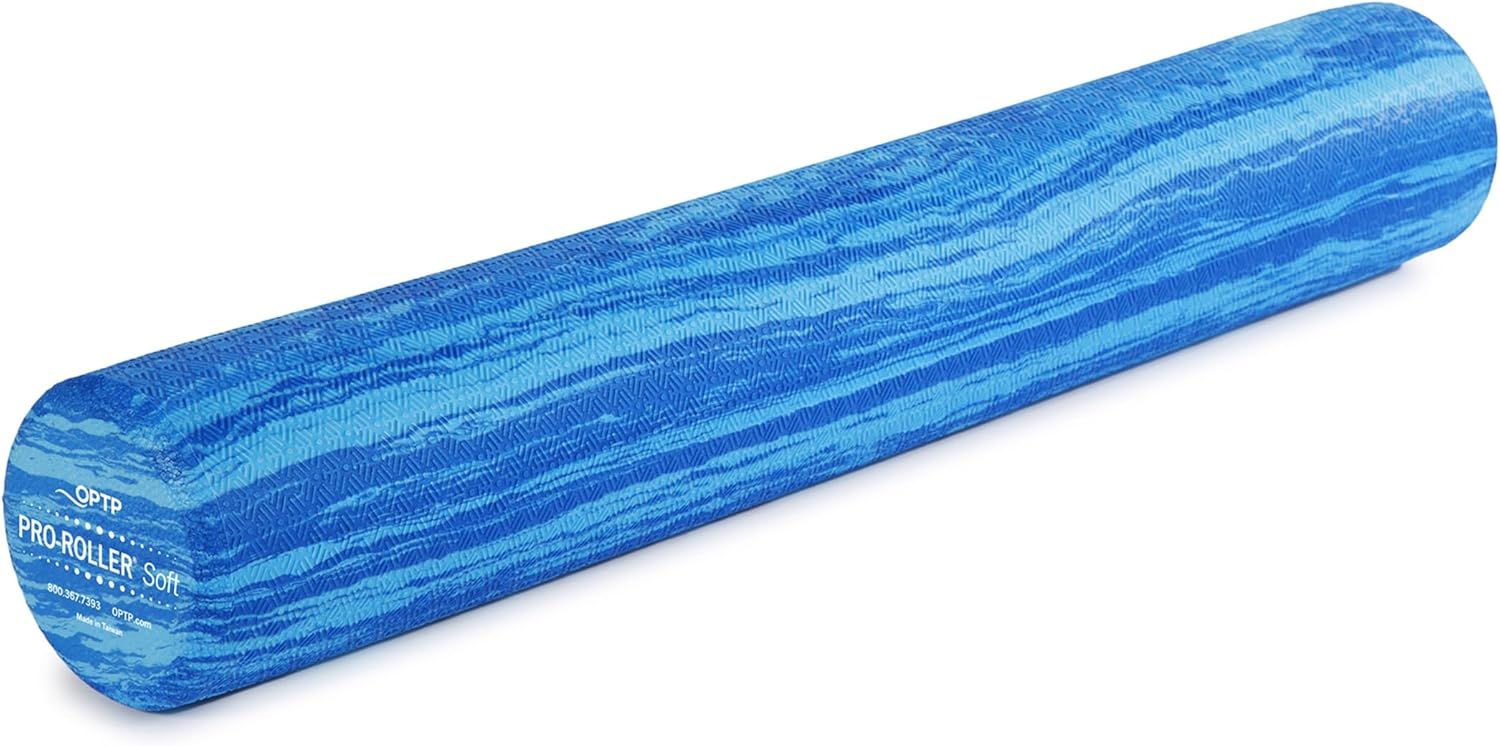 Displays the core product clearly on a clean white background, allowing shoppers to see the foam roller's blue color, textured surface pattern, and cylindrical shape. Uses a subtle drop shadow…