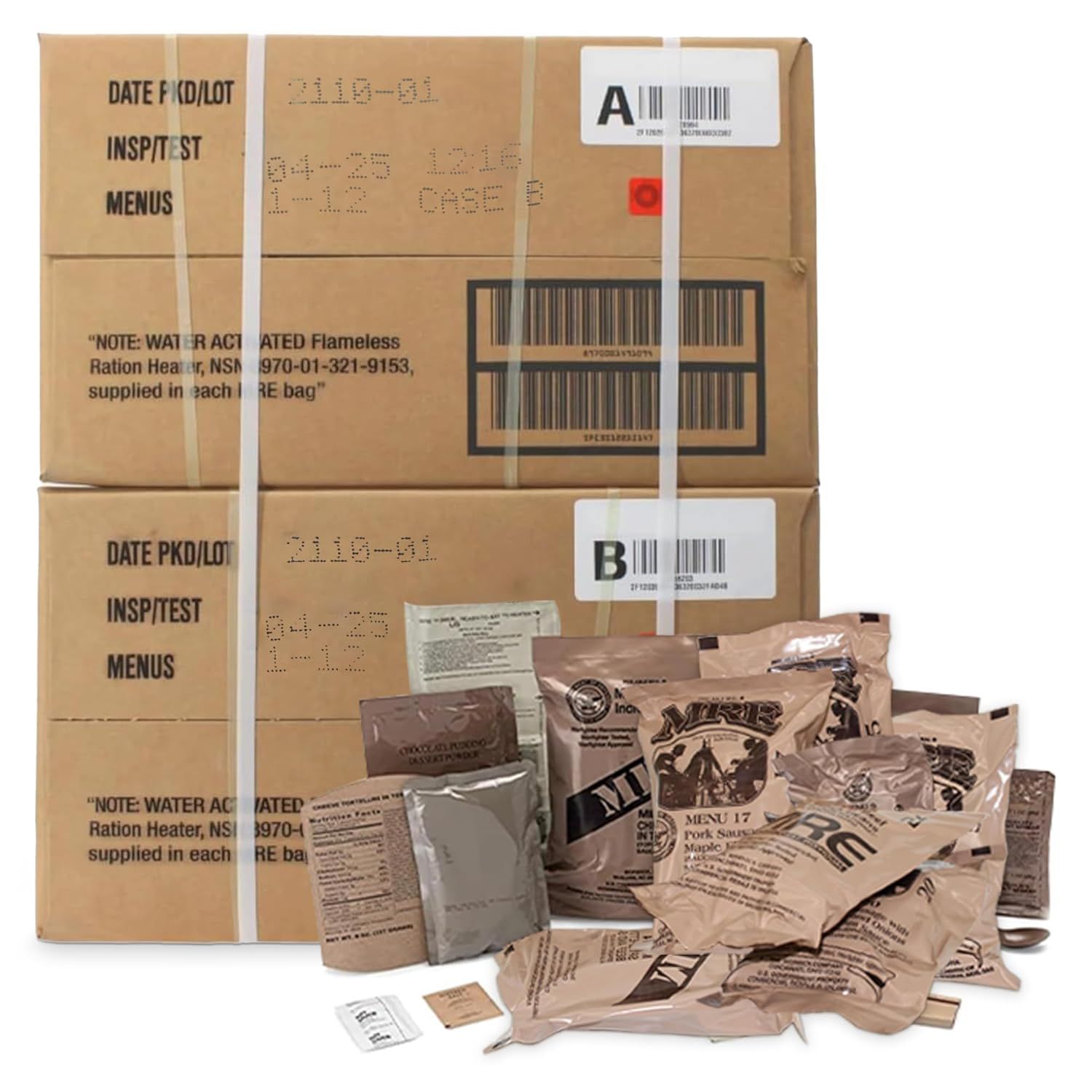 Shows the complete MRE product including both the shipping cases and individual meal pouches to communicate what the buyer receives and the quantity included. Displays the official military-style…
