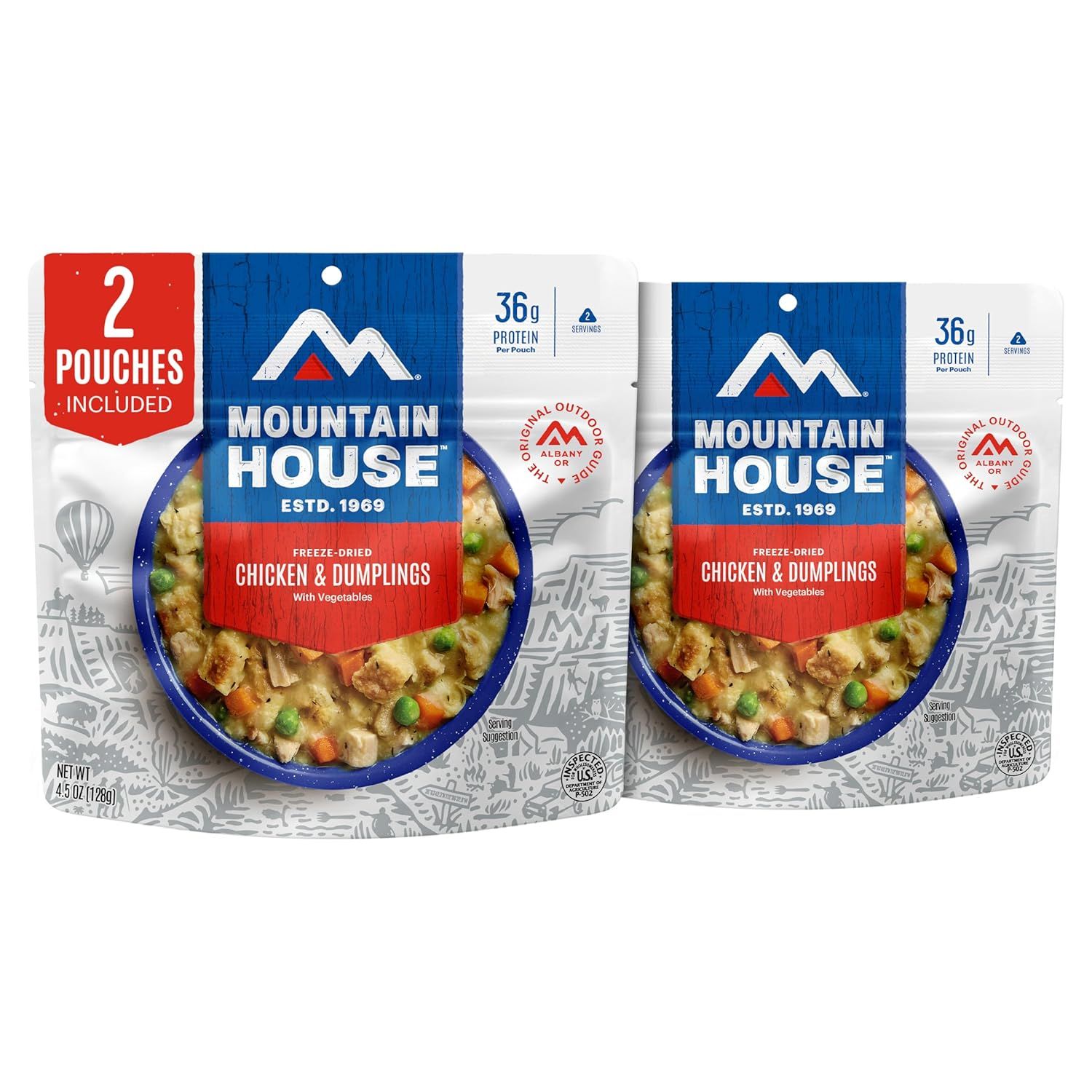 Shows the core product—two pouches of Mountain House freeze-dried Chicken & Dumplings meals—clearly displaying the brand, meal type, and key nutritional benefit (36g protein) to help shoppers…