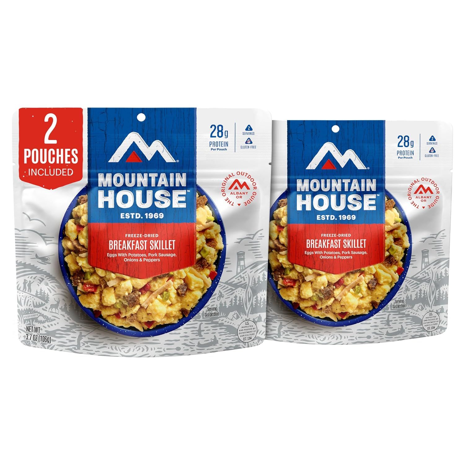 Shows the core product—two pouches of Mountain House Breakfast Skillet—clearly displaying the brand, meal type, and key nutritional benefit (28g protein) to help shoppers quickly identify what they…