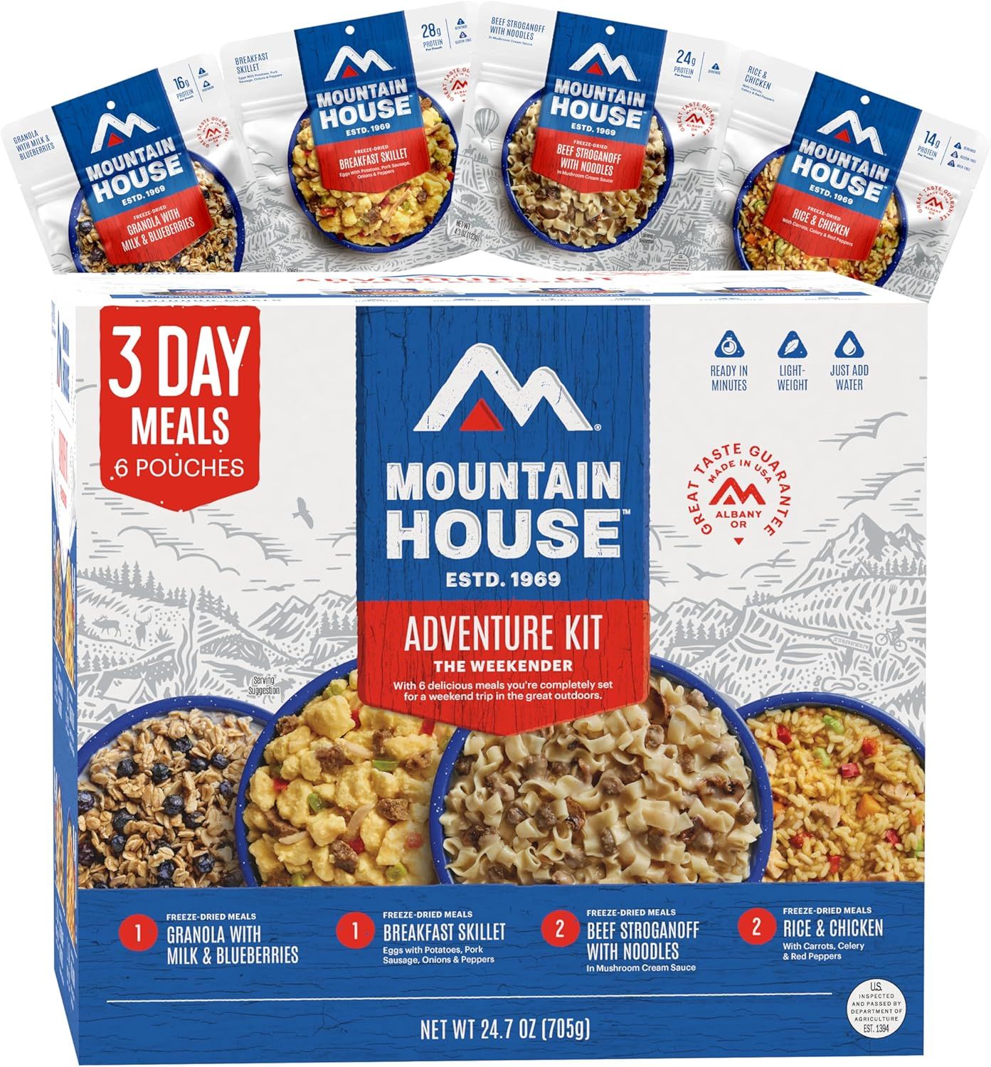 Shows the complete 3-day meal kit package with individual meal pouches displayed on top to communicate the variety and contents of the adventure kit for outdoor enthusiasts. Displays the retail…