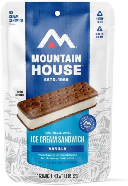 Displays the core sellable product—a freeze-dried vanilla ice cream sandwich in its retail packaging—so shoppers can clearly see what they are purchasing. Shows the physical retail pouch packaging…