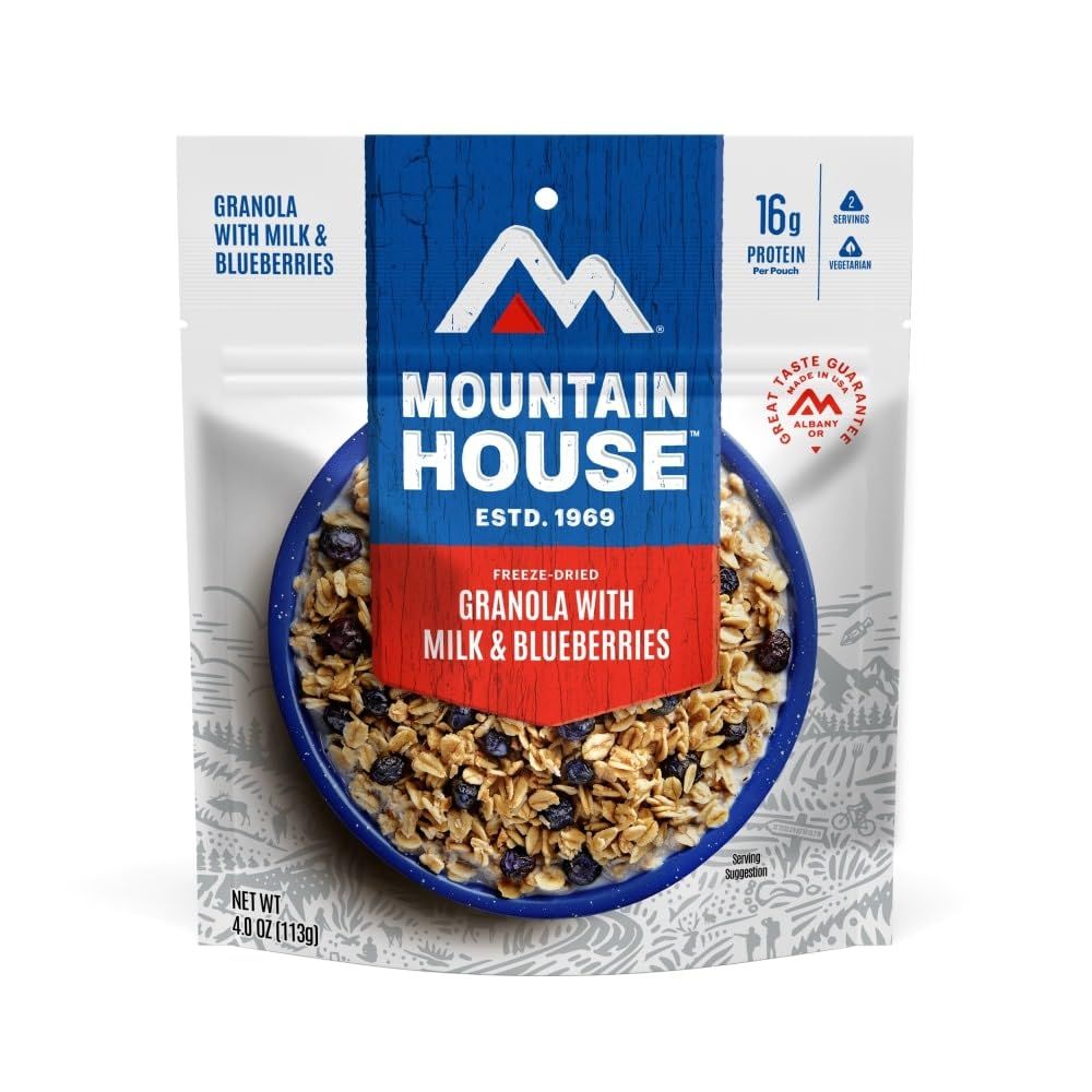 Displays the core sellable product (freeze-dried granola pouch) with clear branding, flavor variant, and nutritional highlights to help shoppers identify the product and understand what they are…