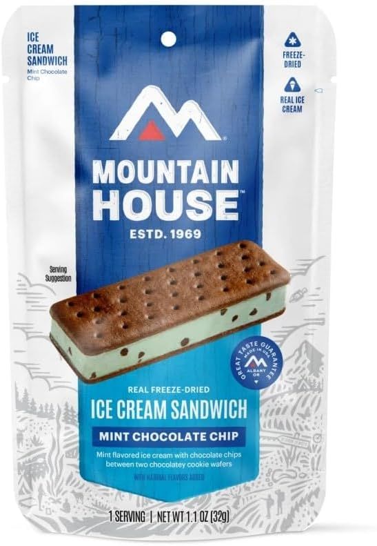 Displays the core product—a freeze-dried mint chocolate chip ice cream sandwich—clearly showing both the retail packaging and the actual product to communicate what the shopper will receive. Shows…