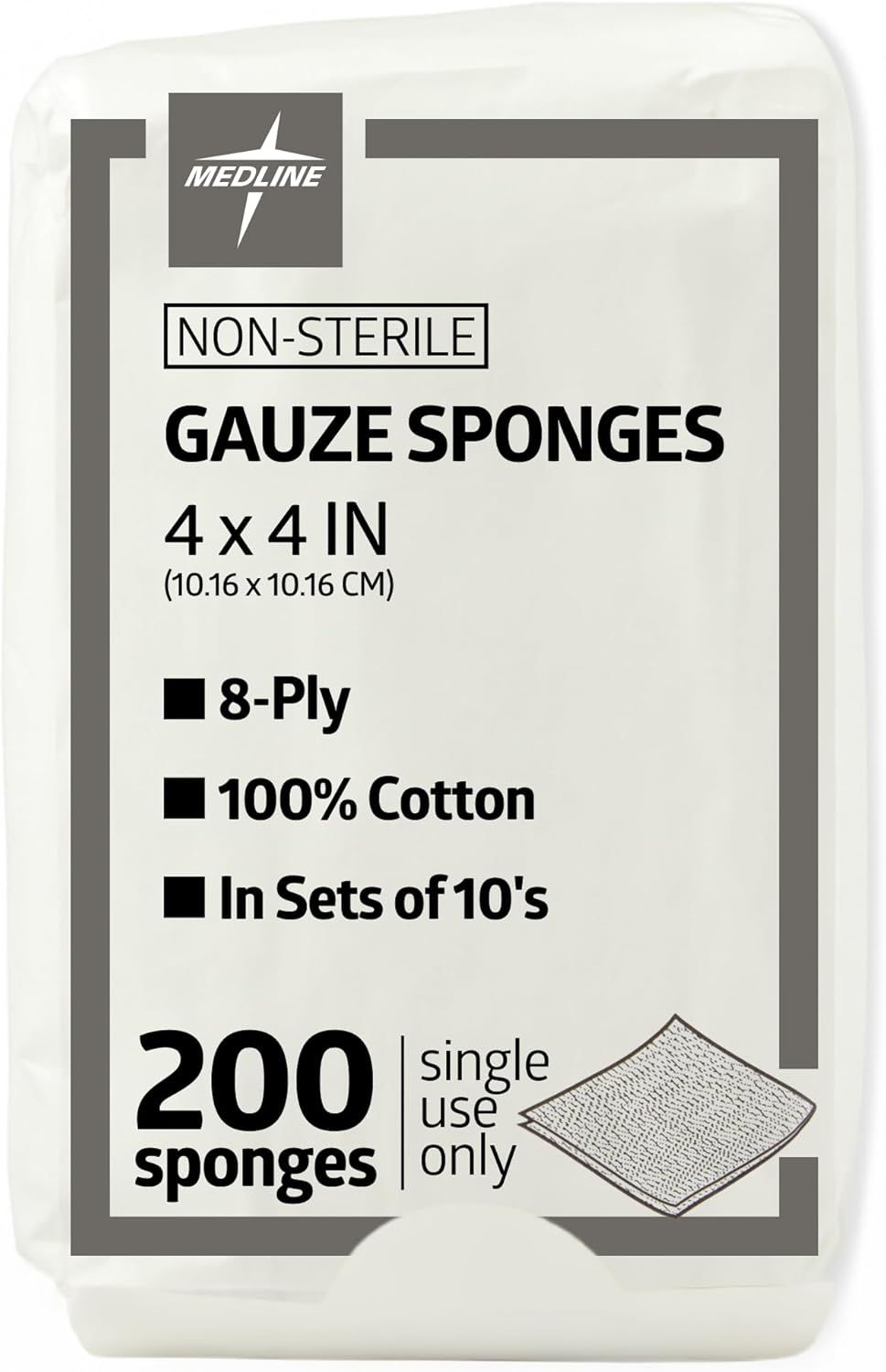 Shows the retail packaging with clear product specifications to help shoppers understand exactly what they are purchasing: non-sterile gauze sponges, size, material composition, and quantity included.