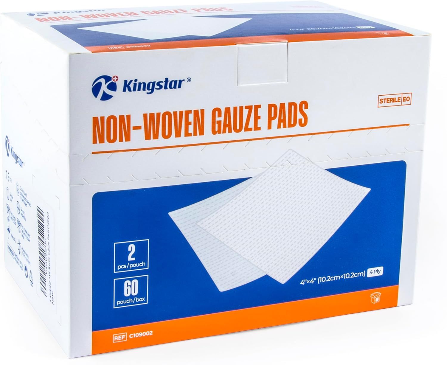 Shows the product in its retail packaging to communicate what the buyer will receive, including quantity information and sterile medical-grade quality assurance. Displays the core product through…
