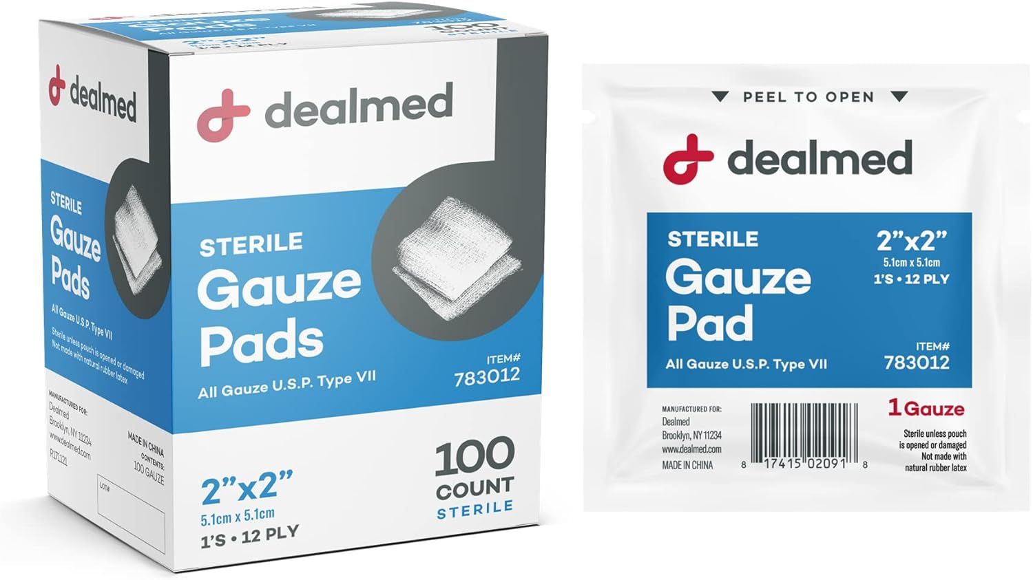 Shows the core product packaging and individual gauze pad to communicate what the buyer receives: sterile medical gauze pads in a 100-count box. Displays both the outer retail box and the individual…