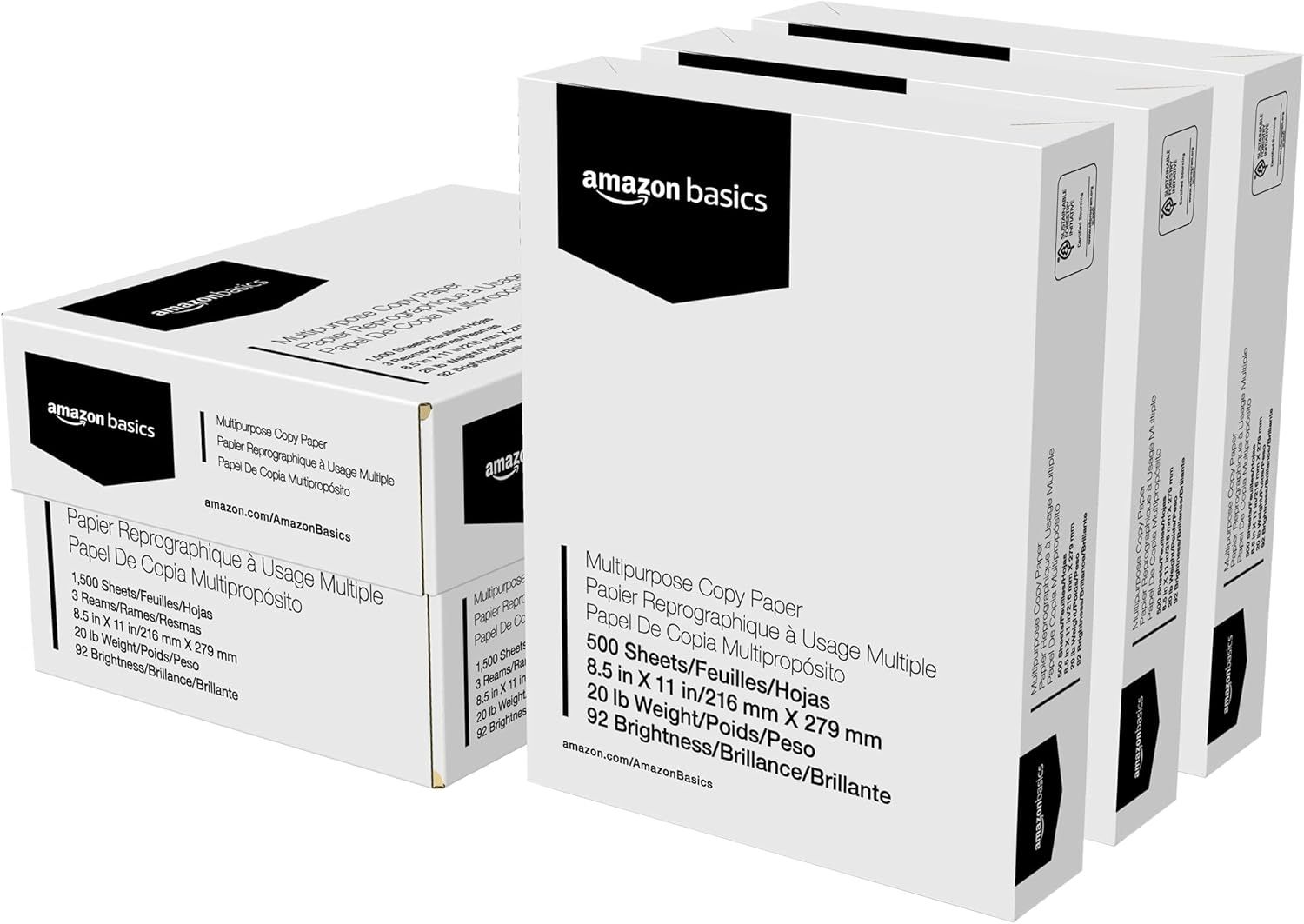 Shows the core sellable product, which is a multi-pack of Amazon Basics multipurpose copy paper reams, clearly displaying the packaging and product specifications to help shoppers understand what…