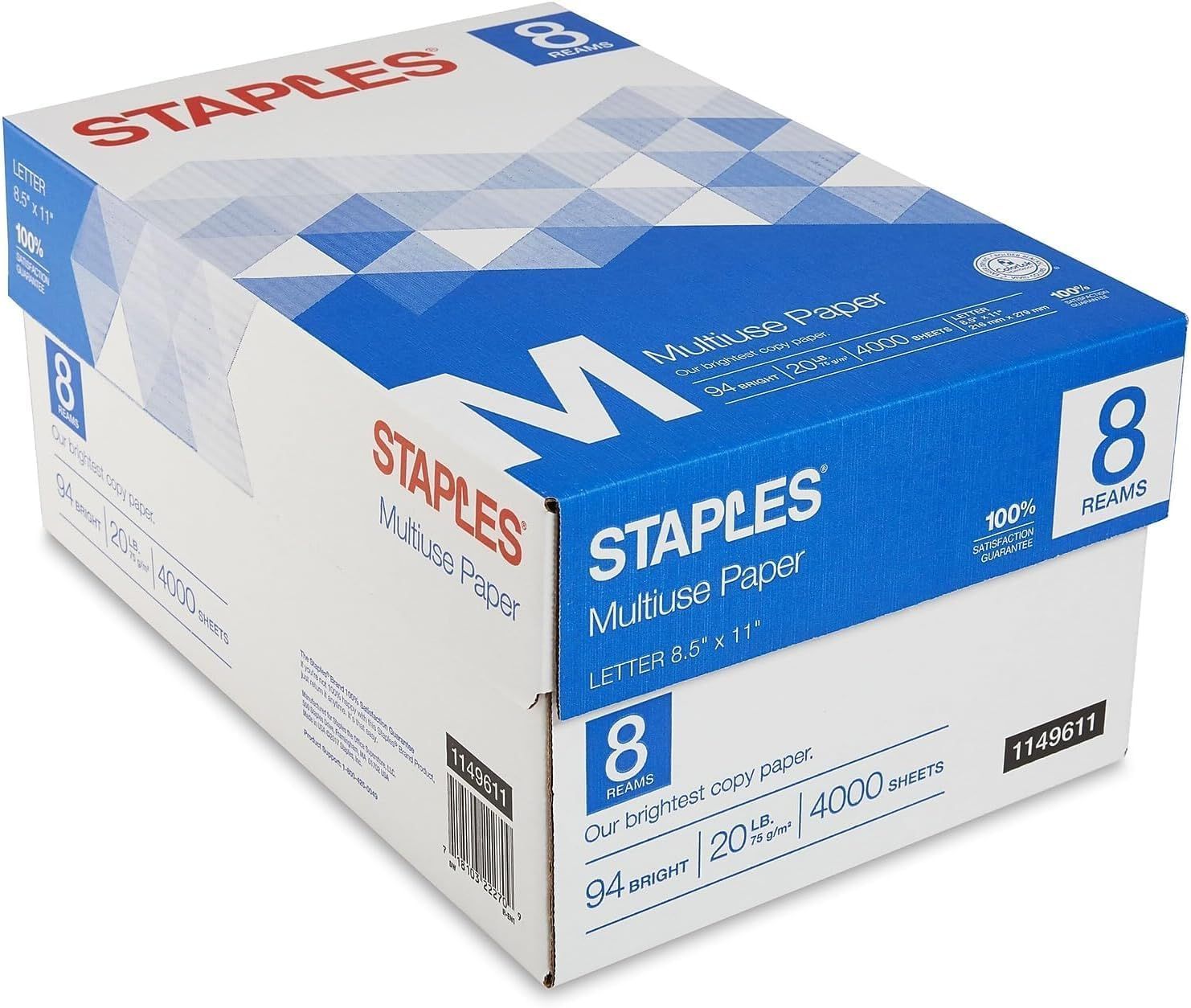 Shows the core product packaging to communicate what the buyer will receive: a bulk case of Staples multiuse paper containing 8 reams and 4000 sheets total. Displays the retail packaging with key…