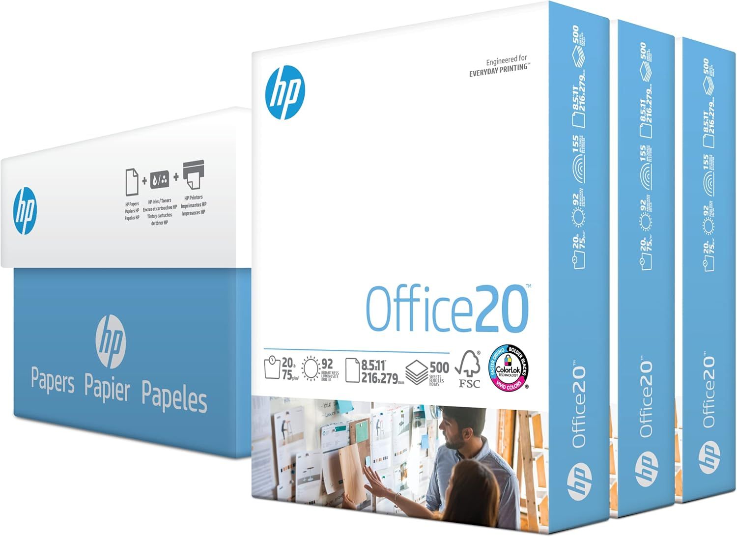 Shows the physical retail packaging the buyer will receive, including the HP Office20 branded box and individual paper ream boxes, to communicate product authenticity and professional presentation.…