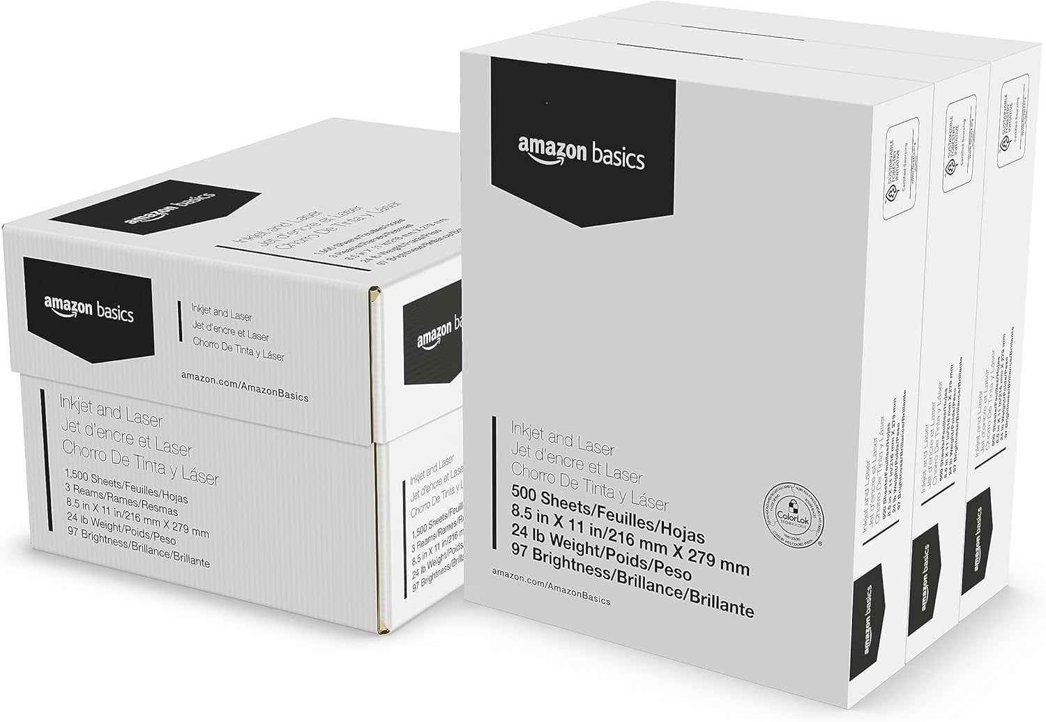 Shows the core product packaging for Amazon Basics inkjet and laser printer paper in both single-ream and multi-ream configurations, communicating the available purchase options and product…