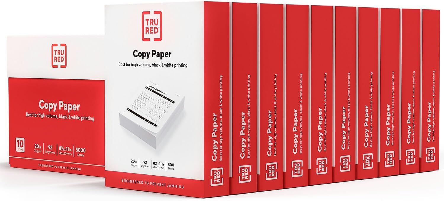 Shows the TRU RED copy paper product in both individual box and multi-pack format to communicate the bulk purchase option and product specifications for high-volume printing needs. Displays the…