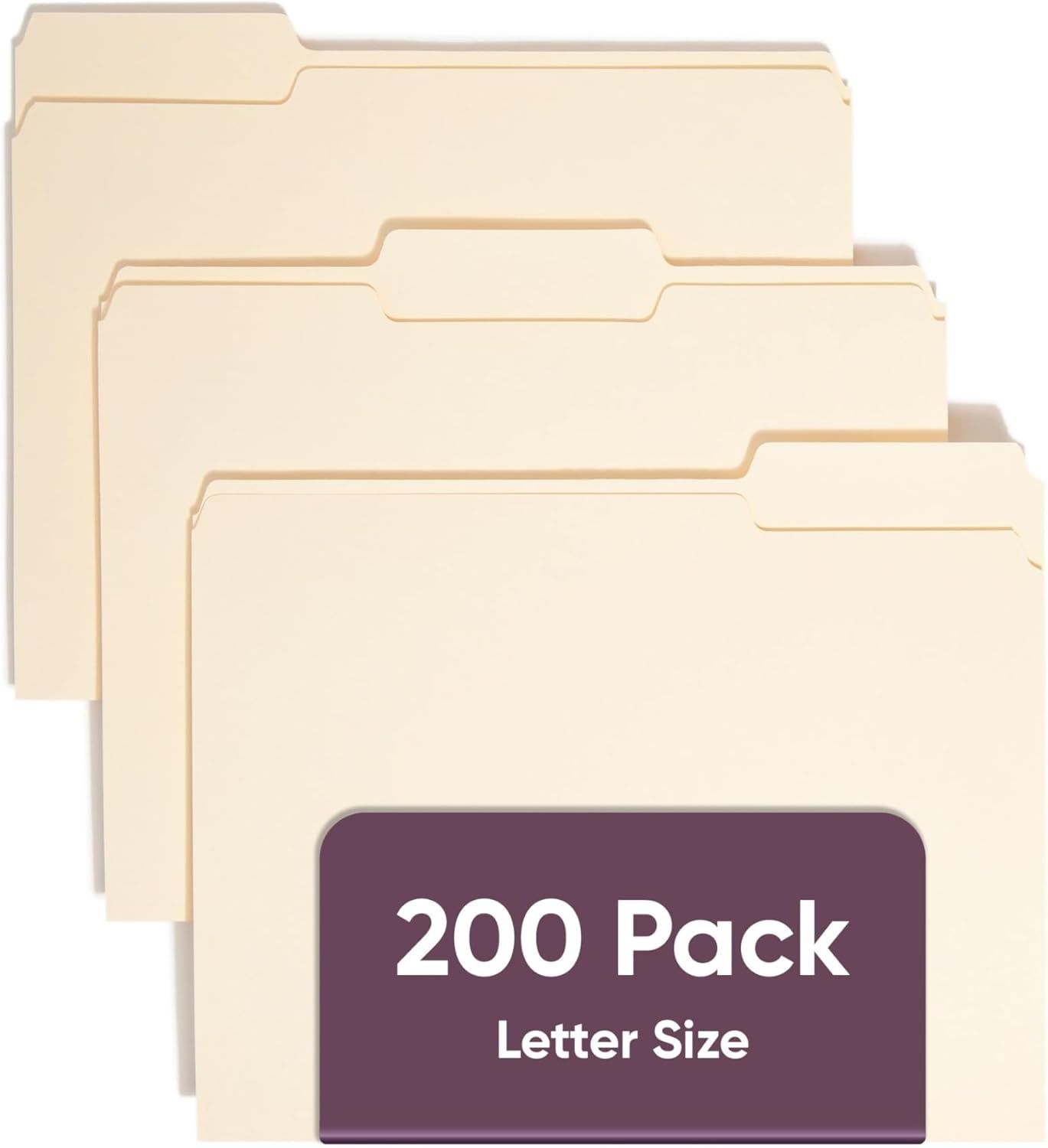Shows the core product clearly—a set of manila file folders in letter size—to help shoppers understand exactly what they are purchasing. Displays the pack quantity (200 Pack) and size (Letter Size)…