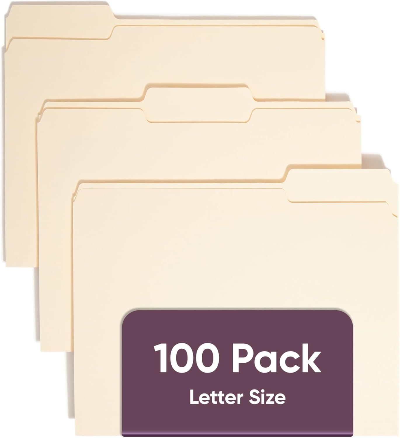 Shows the core product clearly - a set of manila file folders in letter size, communicating the quantity and size to help shoppers understand what they are purchasing. Displays packaging information…