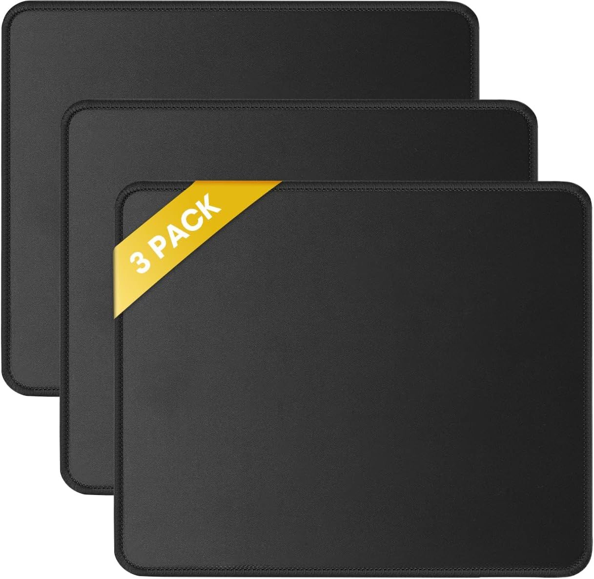 Shows the core product—three identical black mouse pads with stitched edges—clearly displayed to communicate what the buyer will receive. The yellow corner banner with 3 PACK text is a graphic…