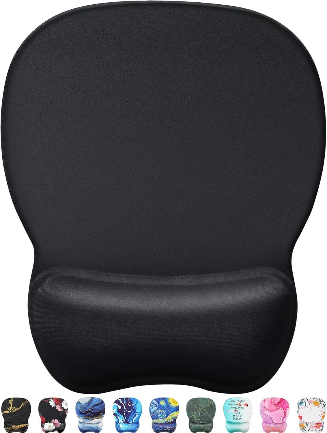 Shows the core product, a wrist rest mouse pad, in a clean catalog presentation to communicate its shape and design. Displays multiple selectable design variants available for purchase, showing…