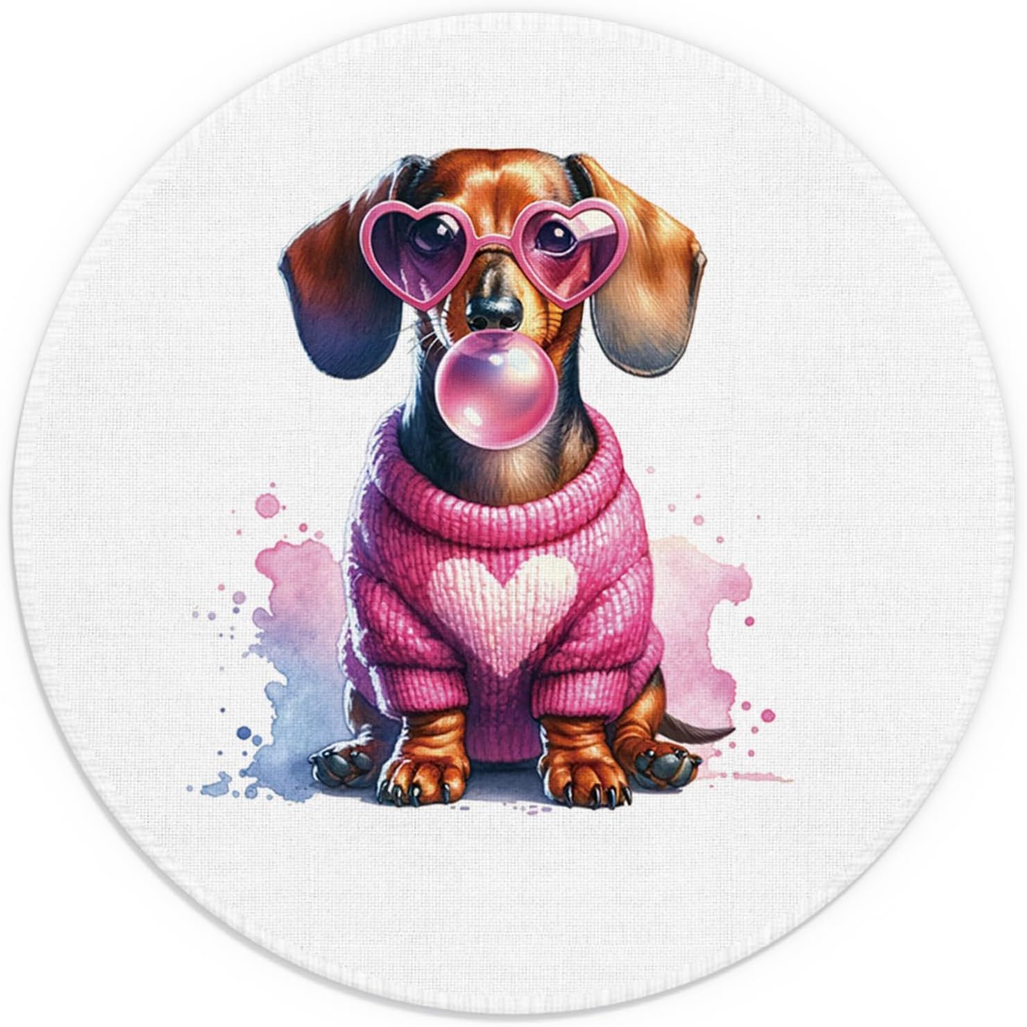 Displays the core product, a whimsical illustration of a dachshund wearing heart-shaped glasses and a pink sweater, to show shoppers the charming and playful design they will receive. Uses artistic…