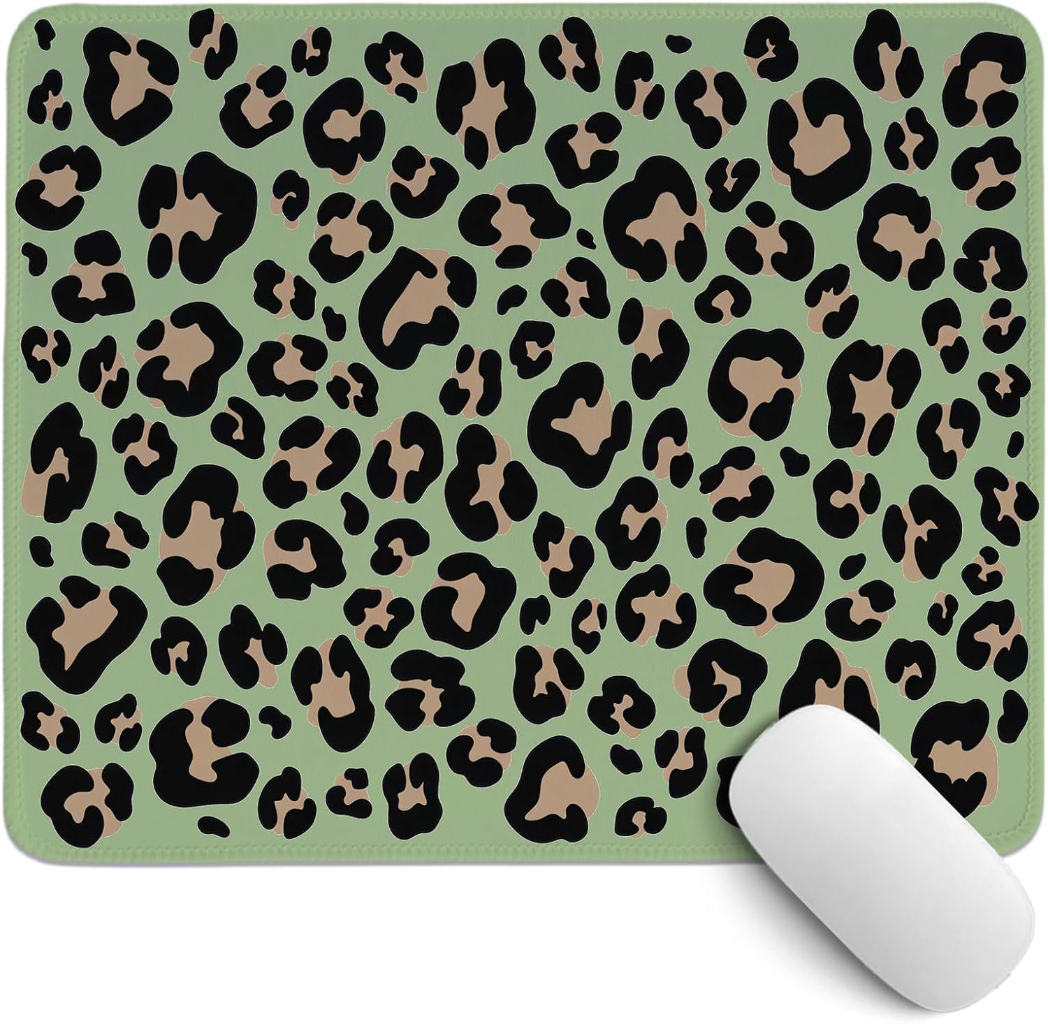 Shows the core product, a mouse pad with a leopard print pattern on a green background, clearly displaying the design and what the customer will receive.