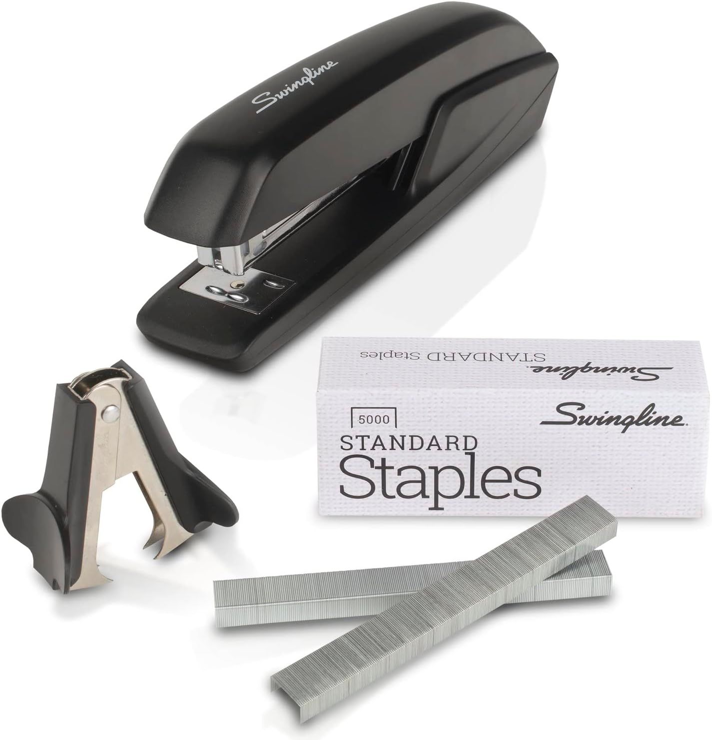 Shows the core stapler product along with included accessories (staple remover and staples) to communicate the complete value of the purchase. Demonstrates that the purchase includes bonus items…