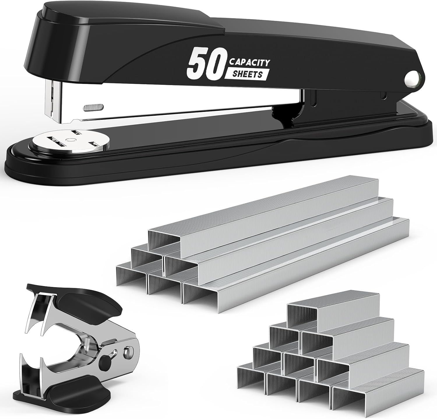 Shows the core product—a black stapler—along with included accessories (staples and staple remover) to communicate what the buyer receives and the stapler's 50-sheet capacity feature. Demonstrates…