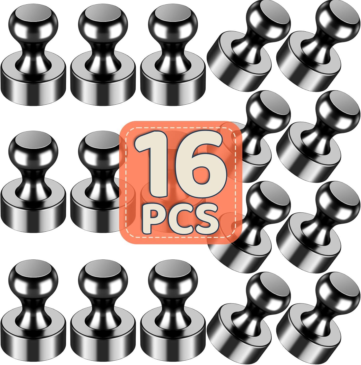 Shows the complete 16-piece set of magnetic push pins to communicate the quantity and value included in the purchase. The 16 PCS badge overlay emphasizes the pack size and quantity value proposition…