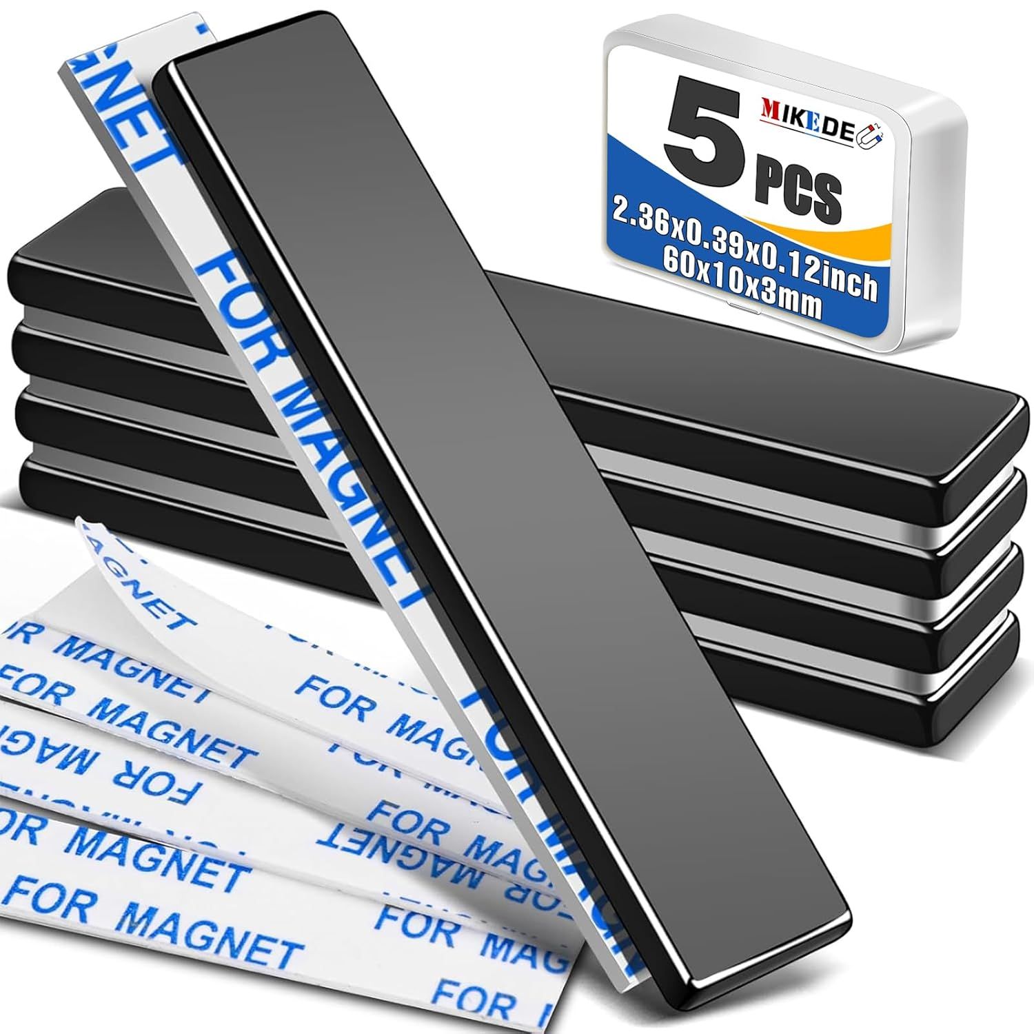 Shows the core product—a 5-piece set of rectangular magnets with adhesive backing—clearly displayed to communicate what the buyer receives. Displays the retail packaging box showing quantity and…