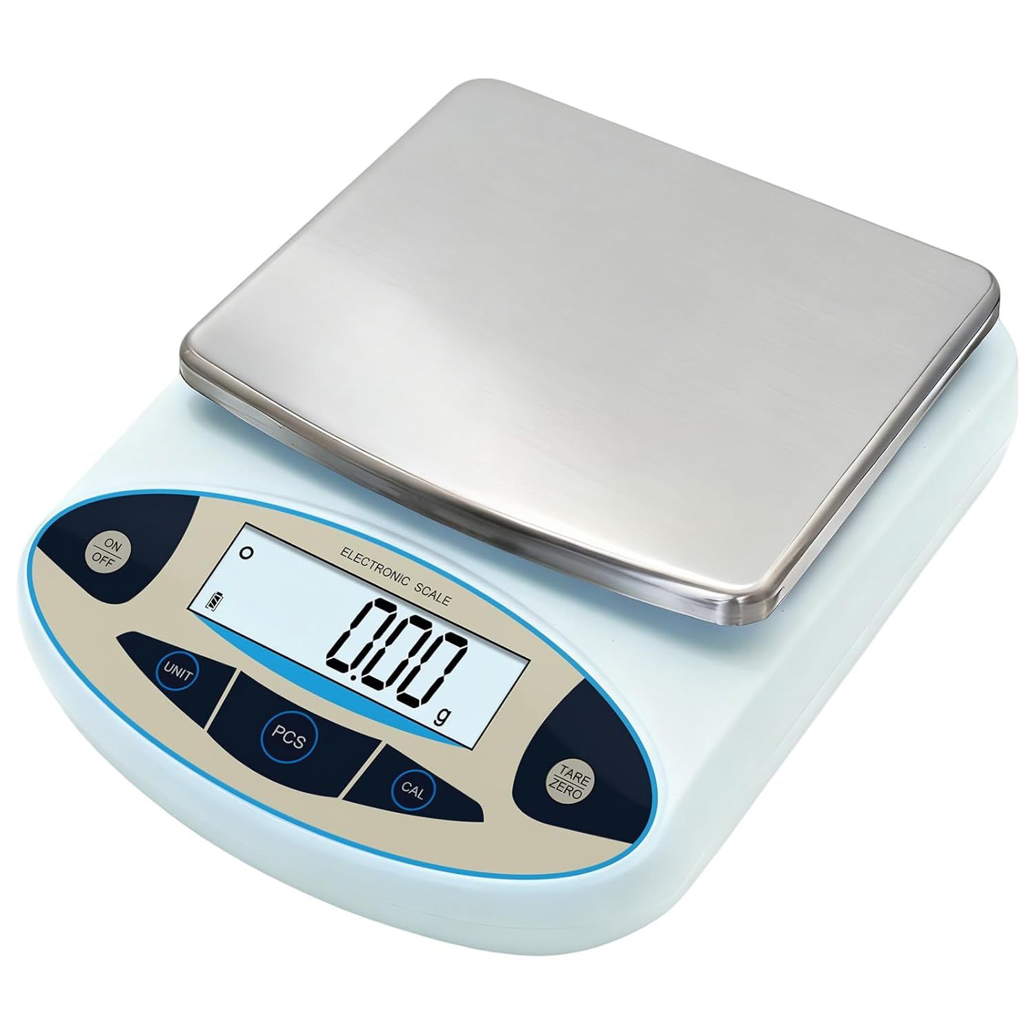 Shows the electronic scale as the core product with its key features including the digital LCD display showing weight measurement and the stainless steel weighing platform, communicating precision…