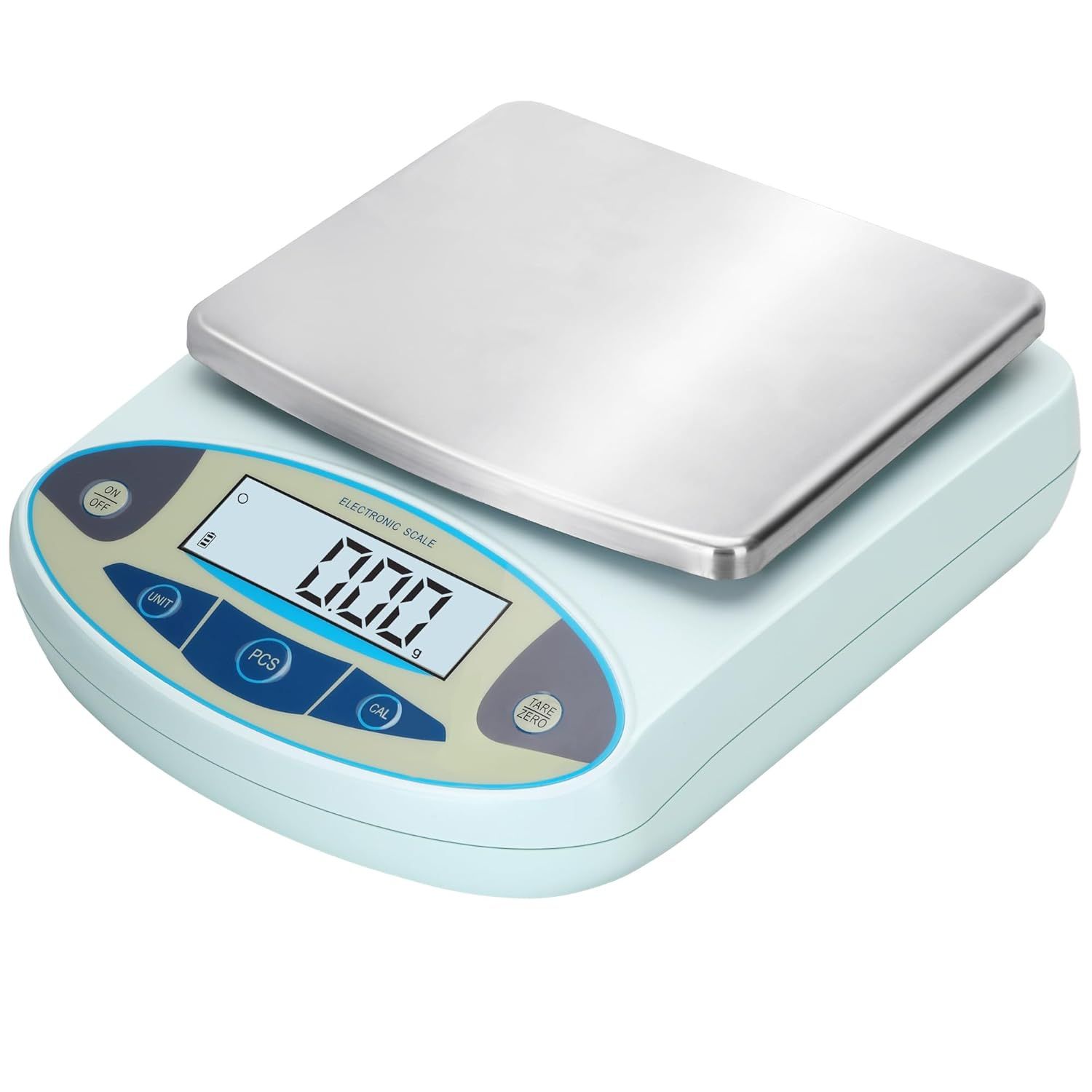 Shows the core electronic scale product with its stainless steel weighing platform and digital LCD display, communicating its professional design and precise measurement capability to shoppers.