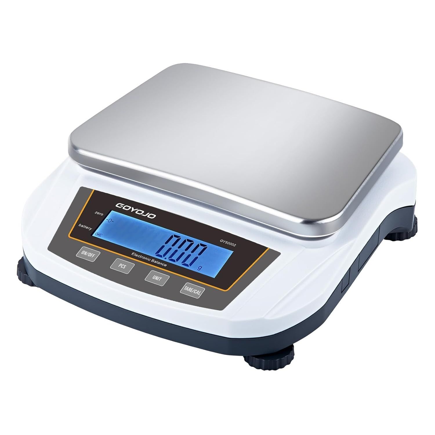 Shows the core electronic balance scale with its stainless steel weighing platform and digital display, allowing shoppers to see the product design and key features clearly.