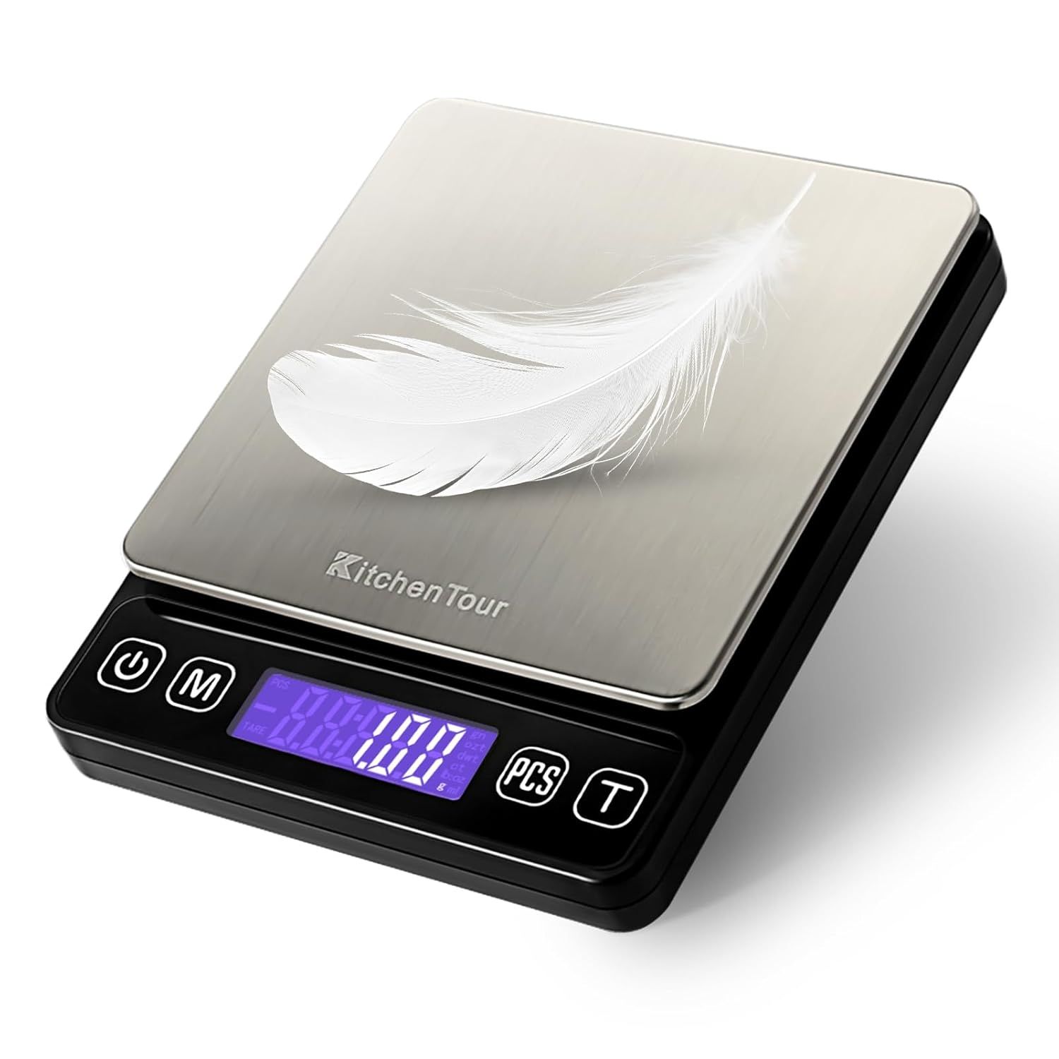 Shows the core product clearly with a feather to demonstrate precision weighing capability, communicating accuracy and sensitivity to shoppers. Demonstrates the scale actively weighing a lightweight…