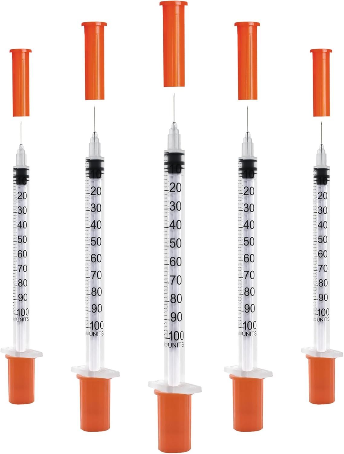 Displays five identical syringes with orange caps and plungers to show the product clearly and communicate that this is a multi-pack purchase.