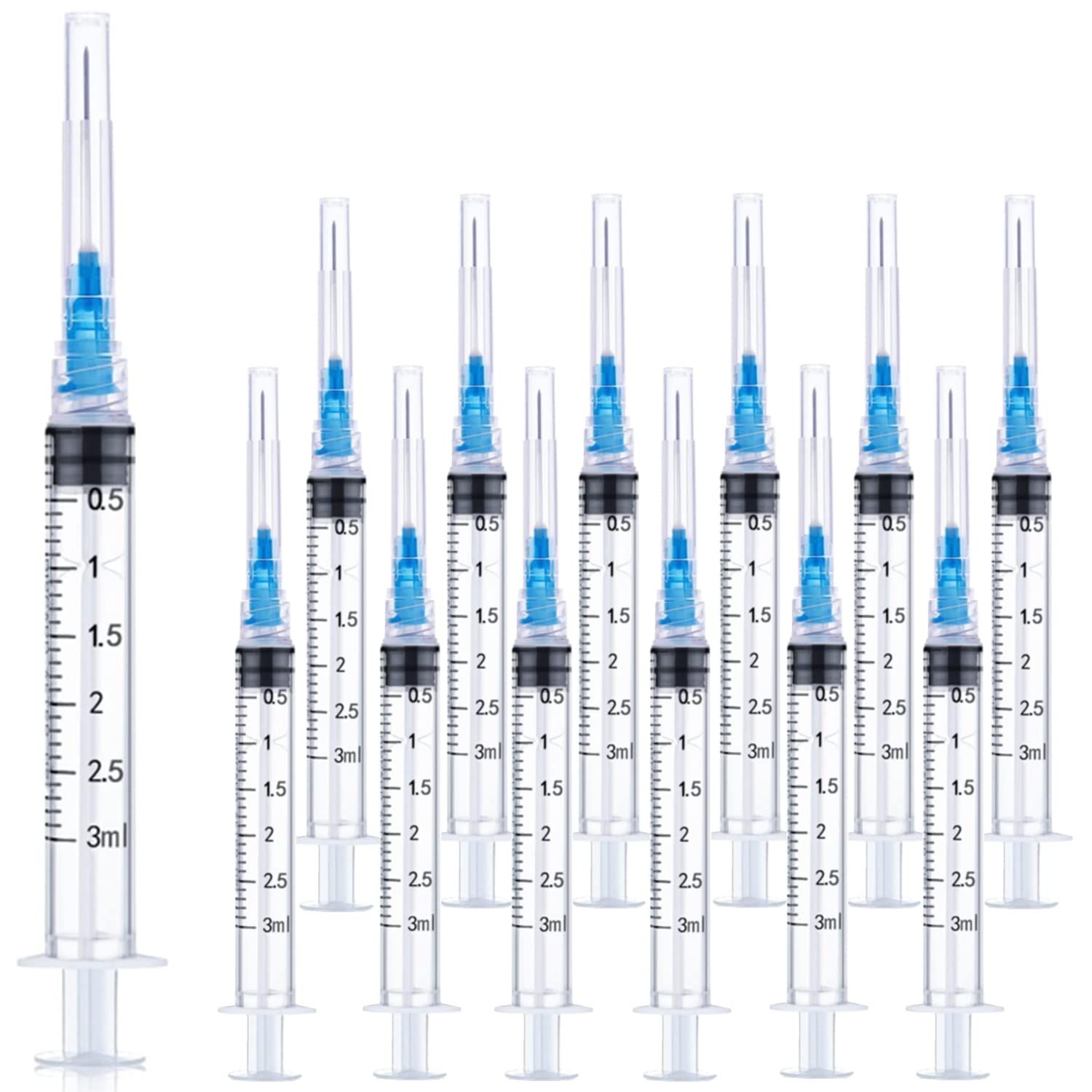 Shows the core product clearly - a set of medical syringes with measurement markings and blue safety caps, allowing shoppers to see exactly what they are purchasing.
