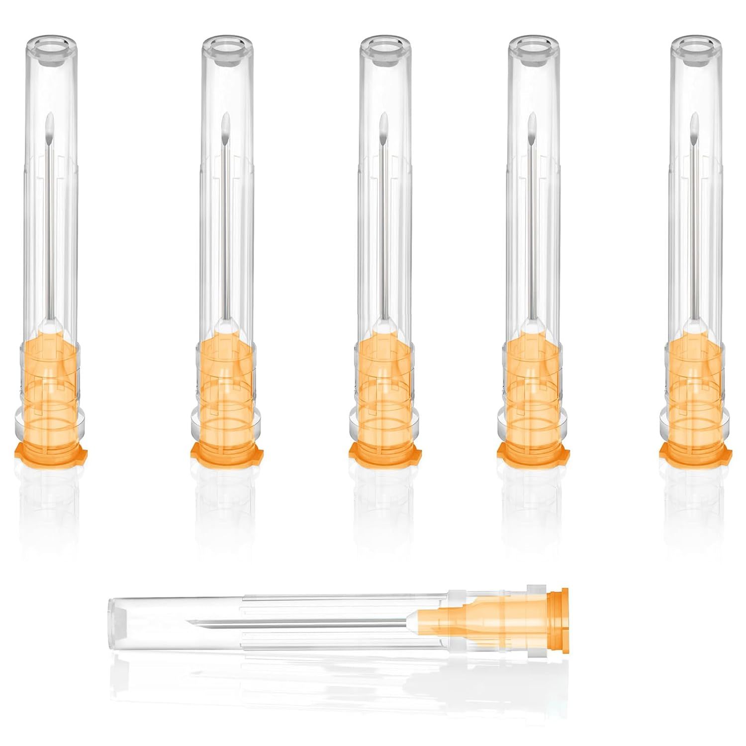 Shows the core product clearly in a multi-pack format, allowing shoppers to see the transparent construction and internal needle component, communicating what they will receive. Demonstrates the…