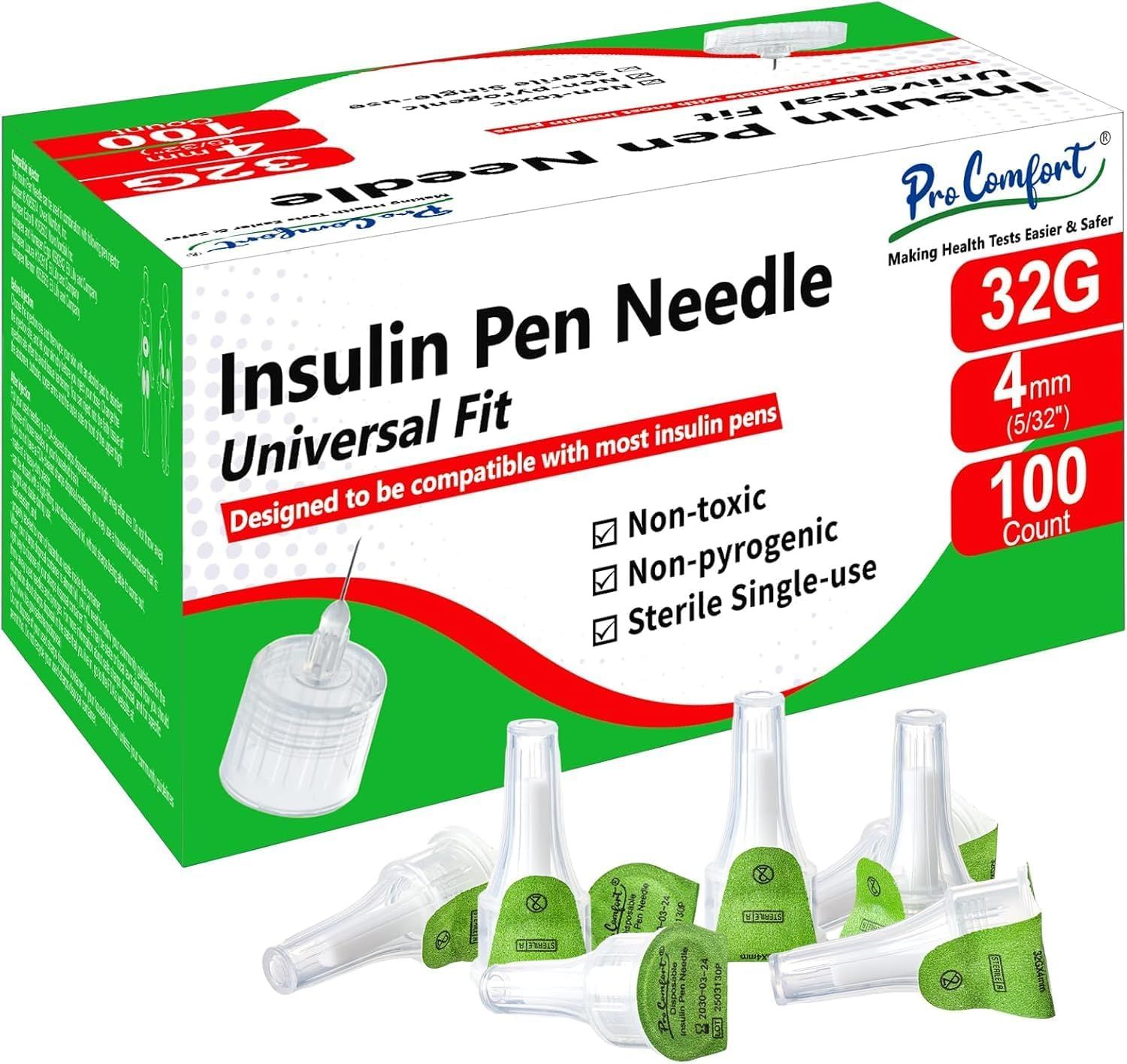 Shows the retail packaging and the actual insulin pen needles to communicate the product specifications (32G, 4mm, 100 count), universal compatibility, and safety features (non-toxic, non-pyrogenic,…