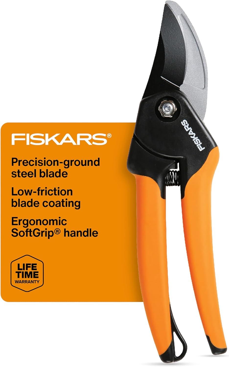 Displays the Fiskars pruning shears with key product features highlighted to communicate quality construction, ease of use, and comfort to gardeners and landscapers. Shows the retail packaging with…