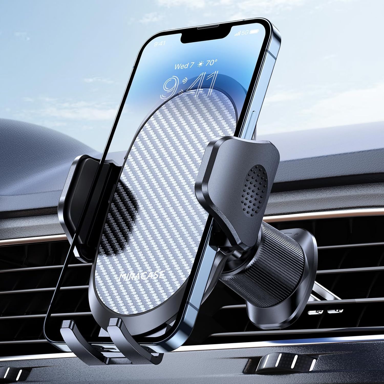 Shows the core product—a car phone mount—holding a smartphone securely in a vehicle vent, demonstrating its primary function and fit for in-car navigation or hands-free use. Displays the product in…
