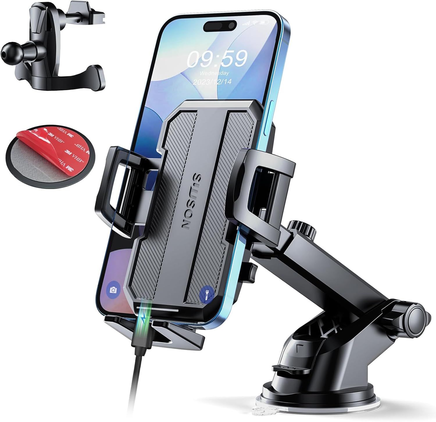 Shows the core product, a car phone mount with adjustable arm and secure grip mechanism, demonstrating how it holds a smartphone for in-vehicle use. Displays the included mounting accessories (vent…