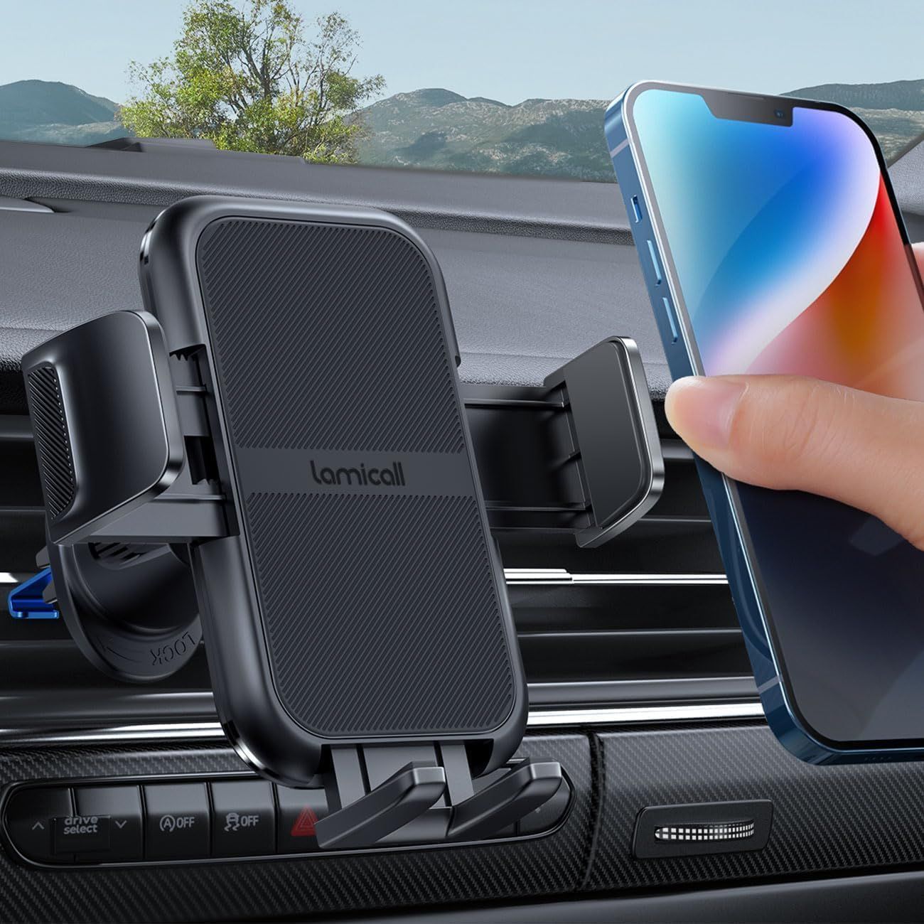 Demonstrates how easily a person can place and secure their phone in the car mount with one hand, reassuring shoppers about convenient in-vehicle use. Shows the phone mount installed in an actual…